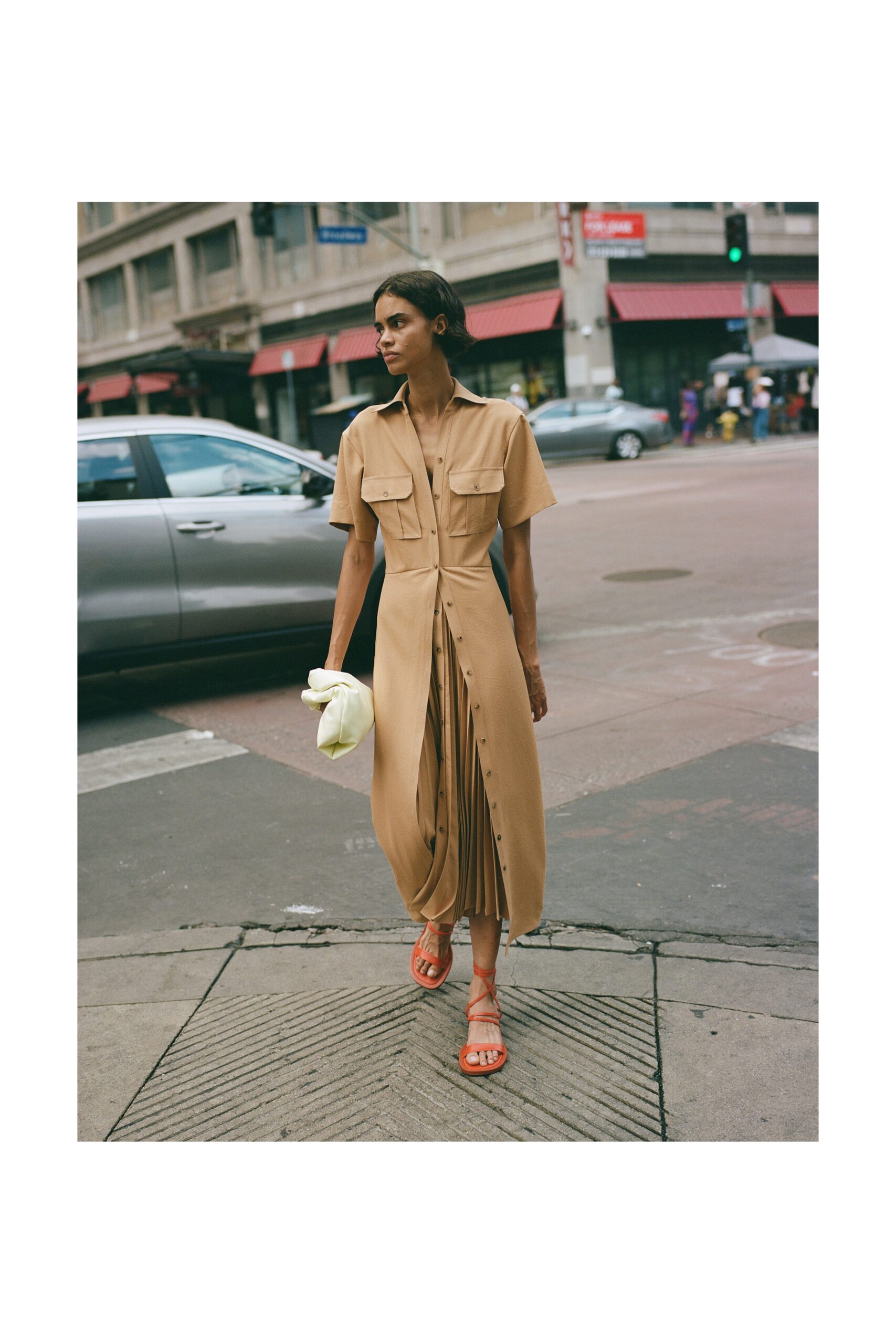 beige fitted collared dress