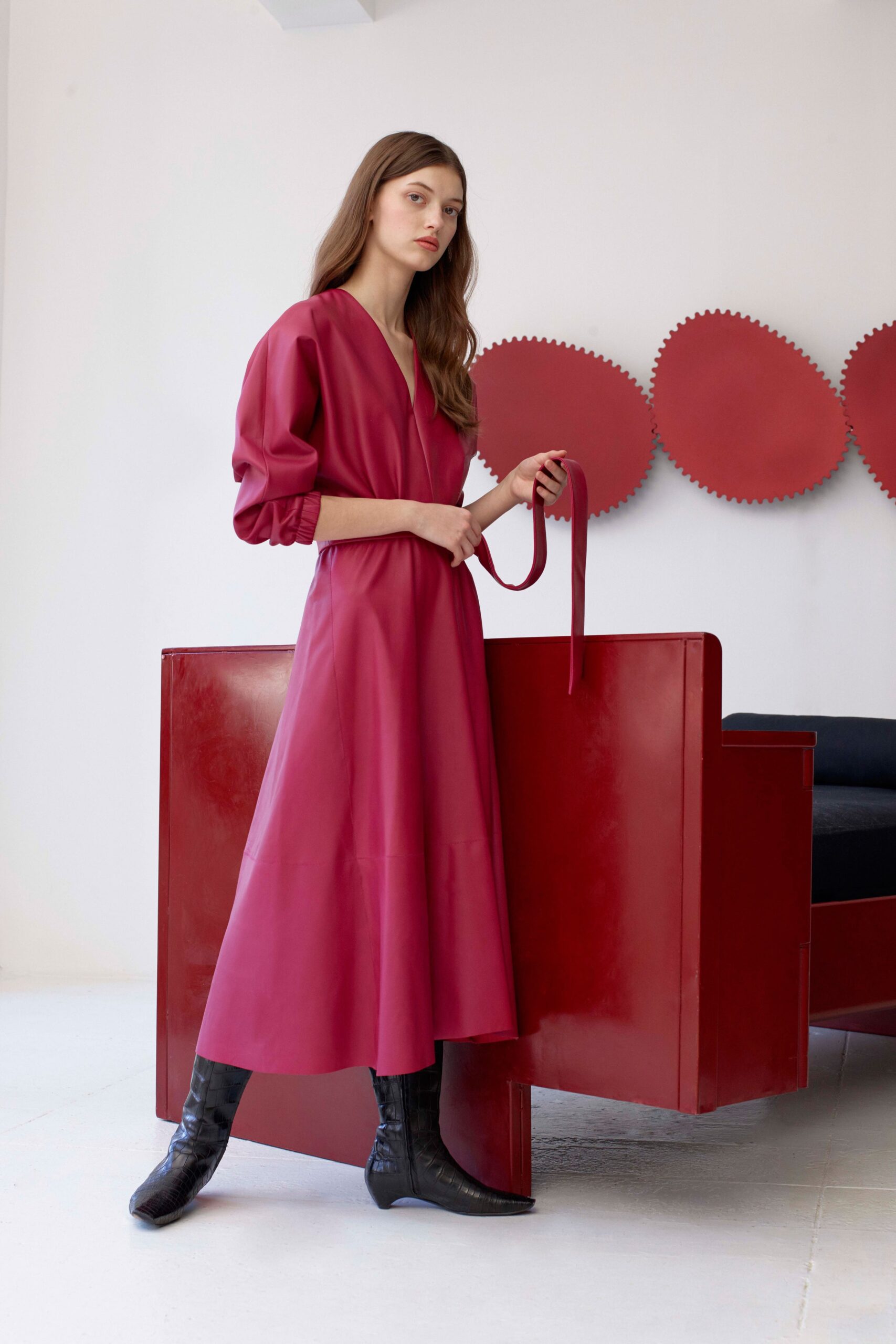 red leather midi dress with boots