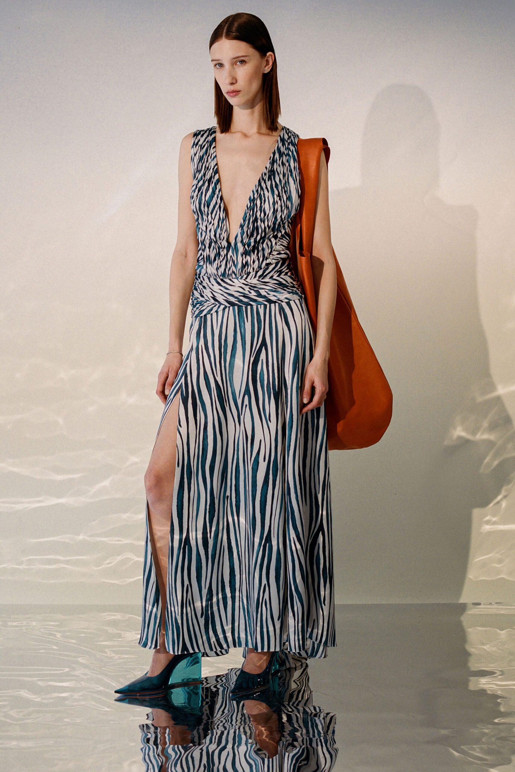 blue and white printed maxi dress