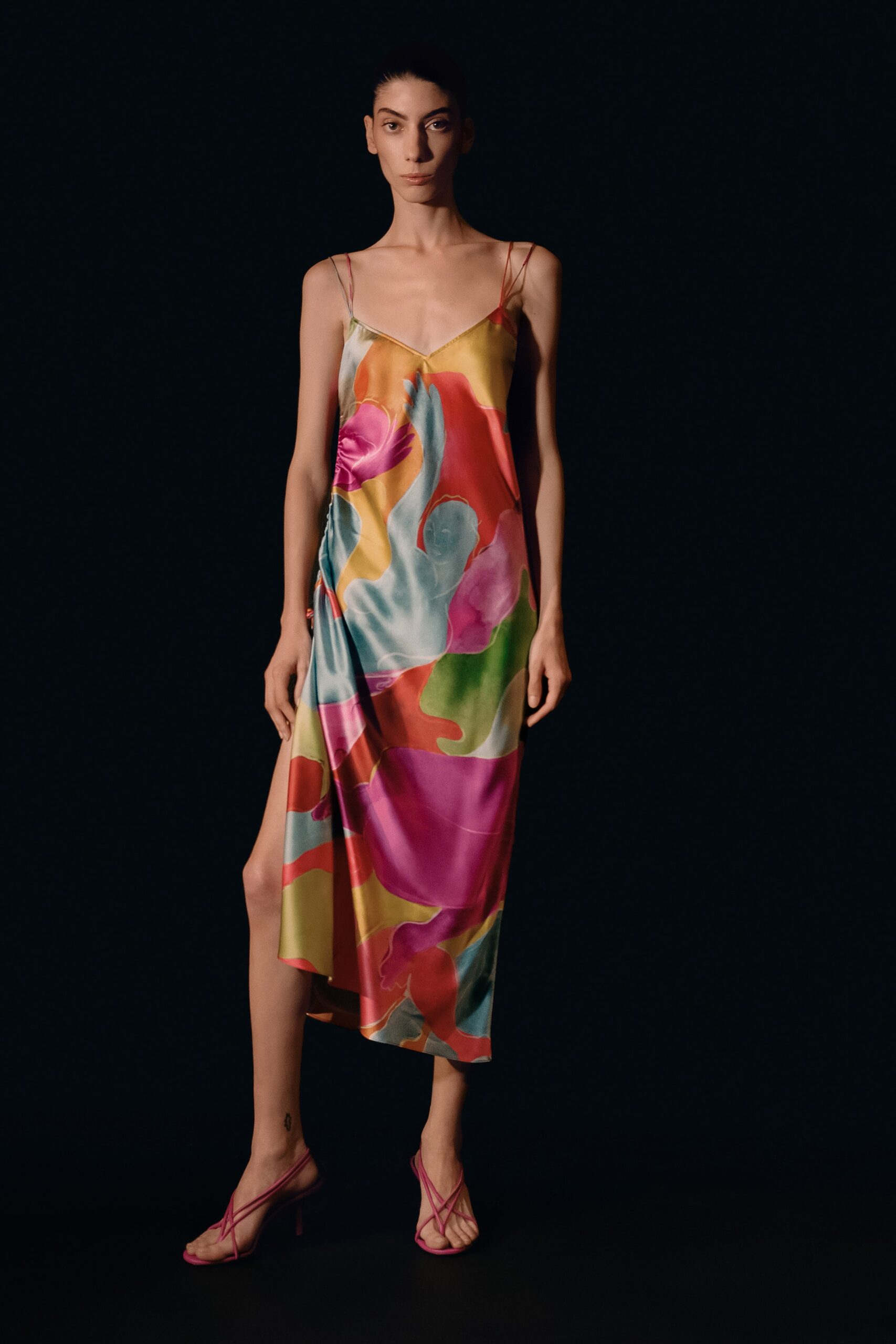 multi silk sleeveless v-neck fitted draped flowing dress