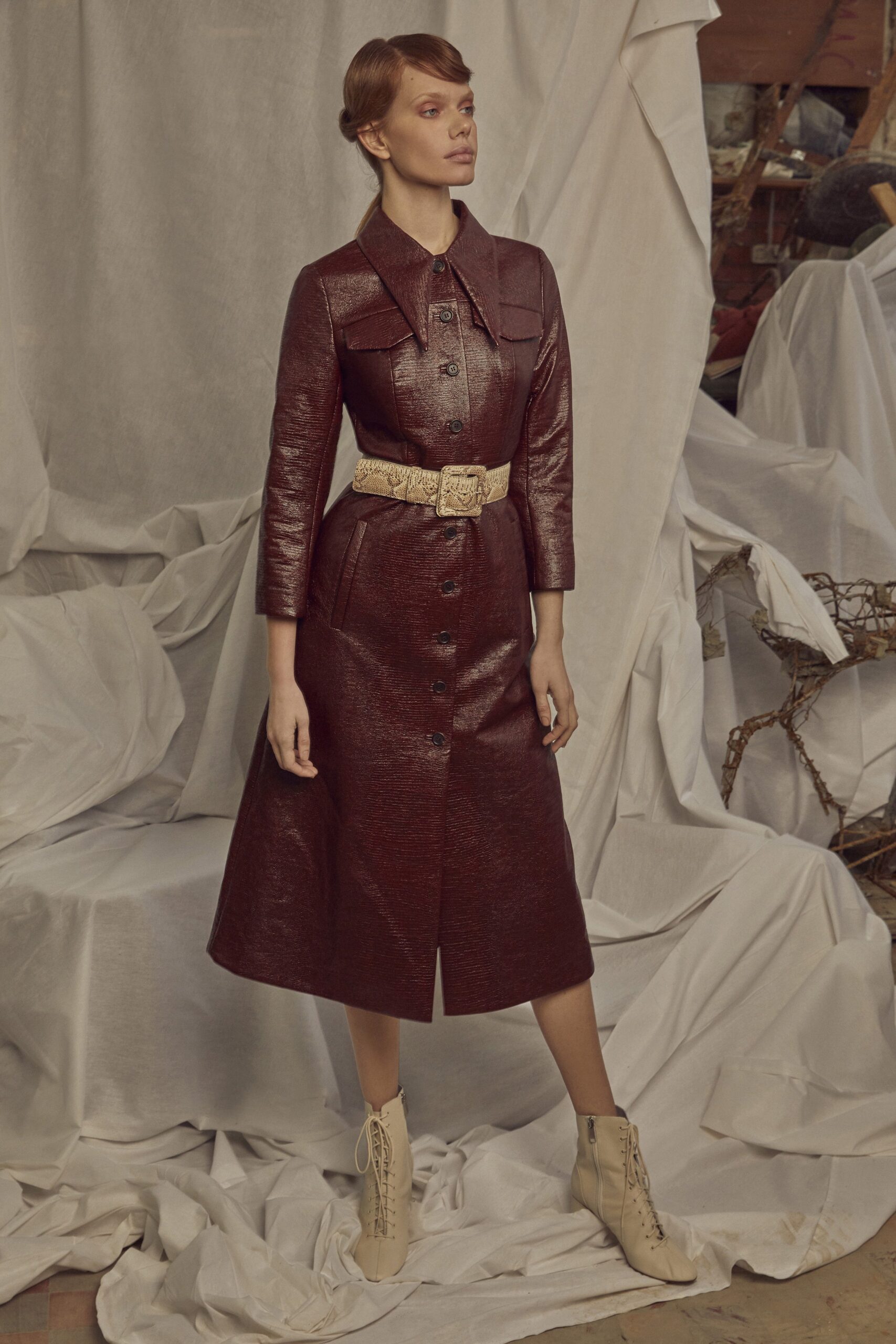 brown leather long-sleeve collared fitted buttoned a-line dress