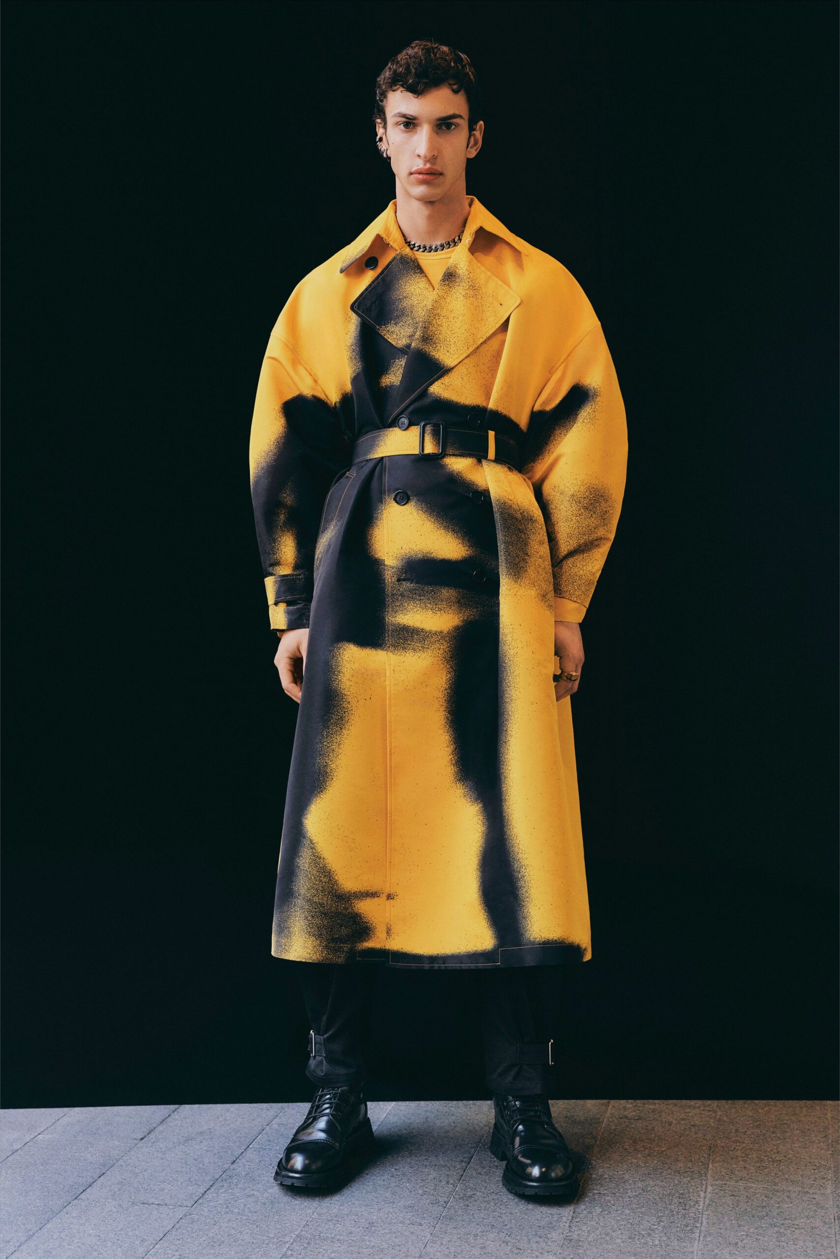 yellow cotton long-sleeve collared relaxed belted color-blocked trench