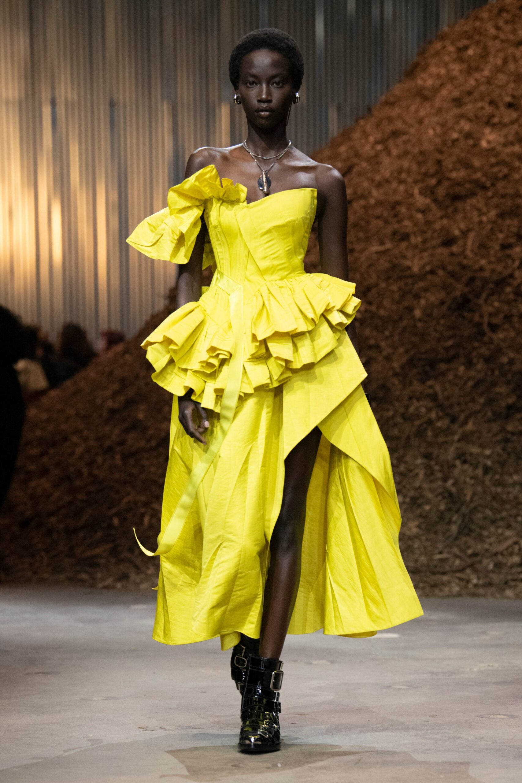 yellow off-shoulder ruffled dress