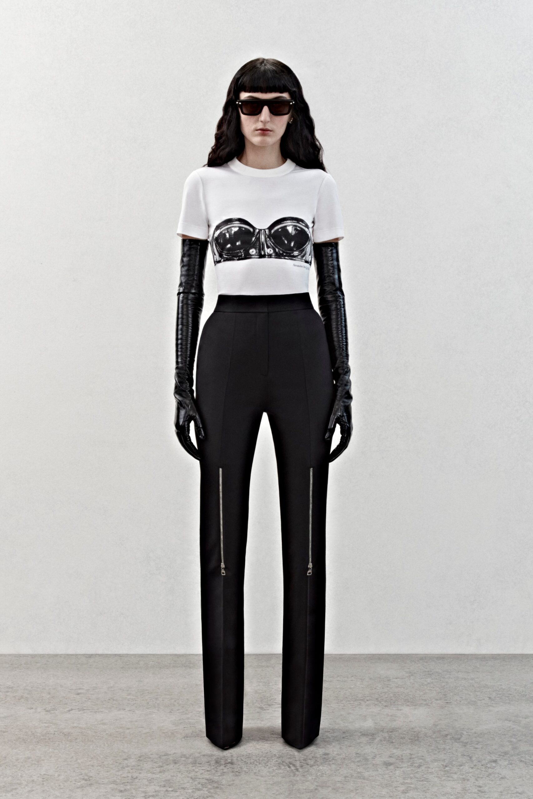 fitted white top and black pants