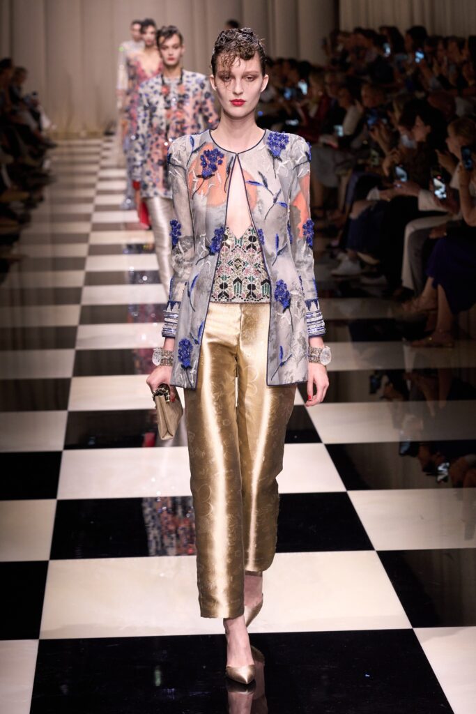 embroidered silk jacket with tailored pants