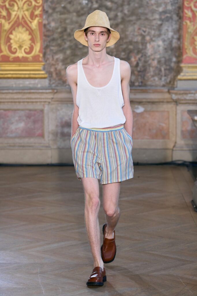 white tank-top with striped shorts