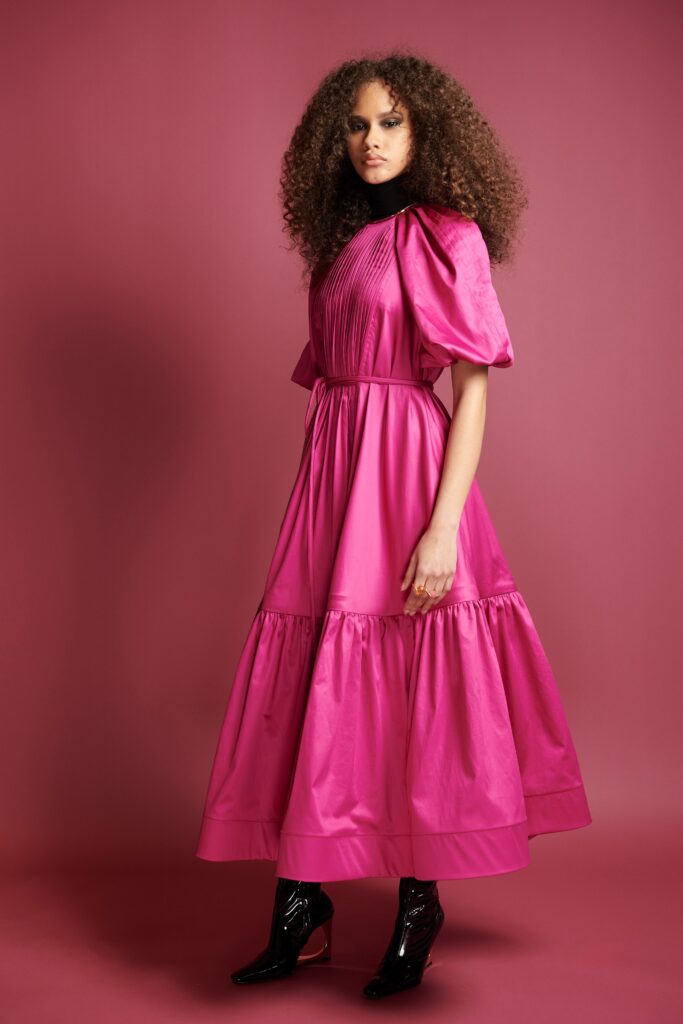 pink silk pleated midi dress