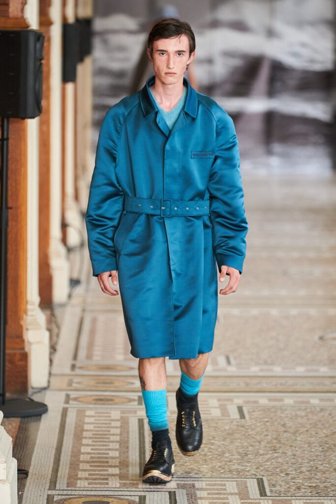 blue satin belted coat