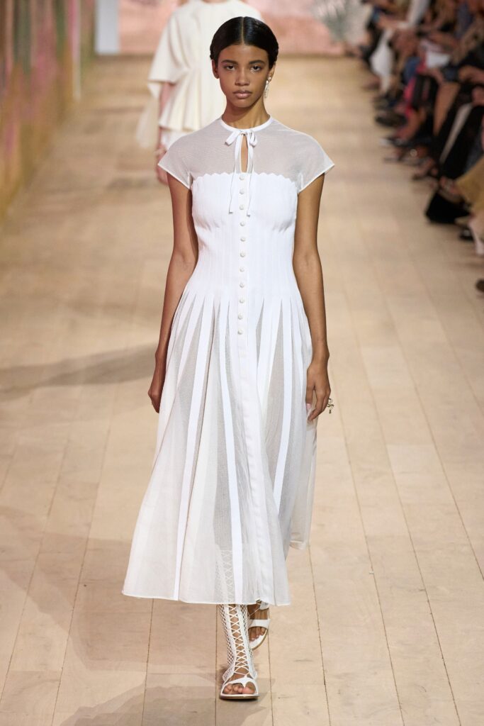 white pleated midi dress