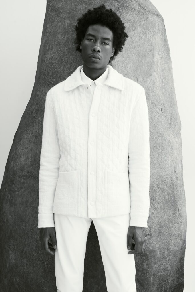 white quilted jacket and pants