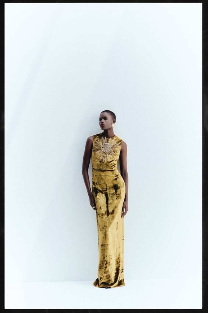 A fitted gold velvet gown with a high neckline and intricate embroidery.