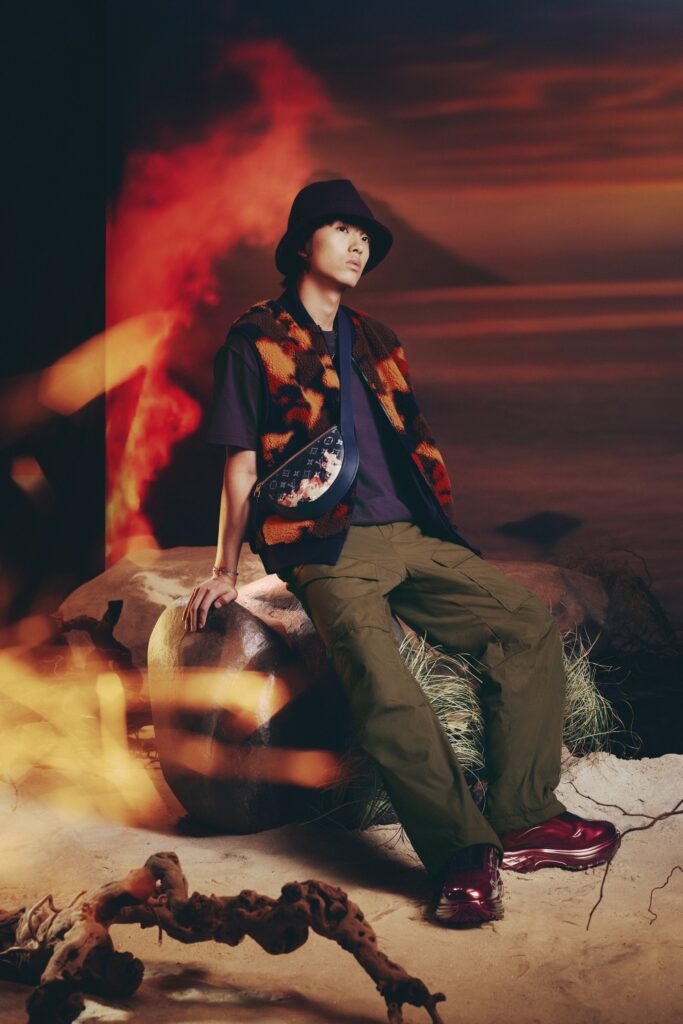 relaxed orange fur vest with cargo pants