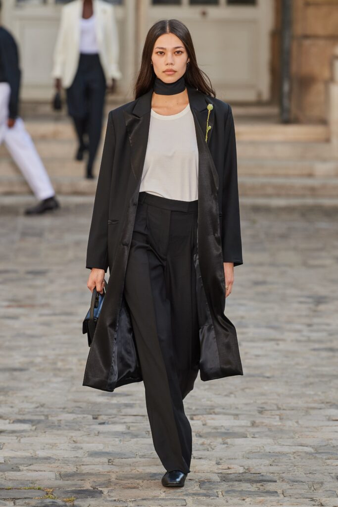 black silk coat with white top