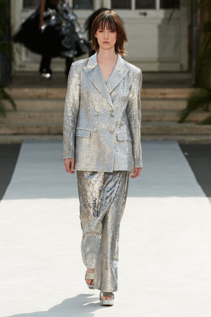 fitted silver sequin suit