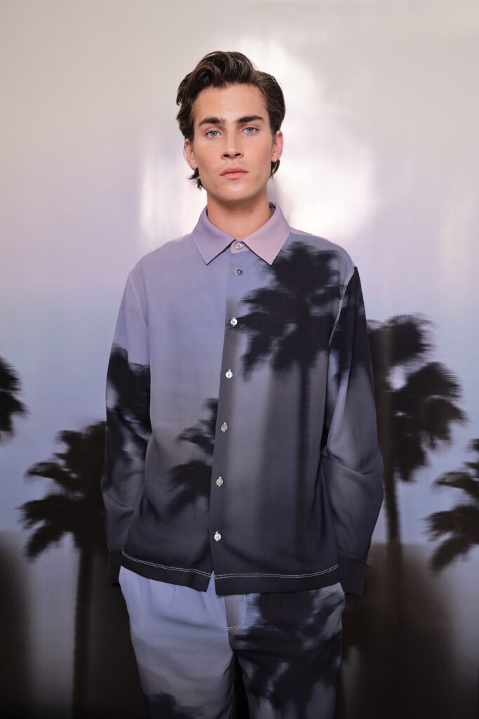 A relaxed gray printed long-sleeve shirt paired with matching pants.