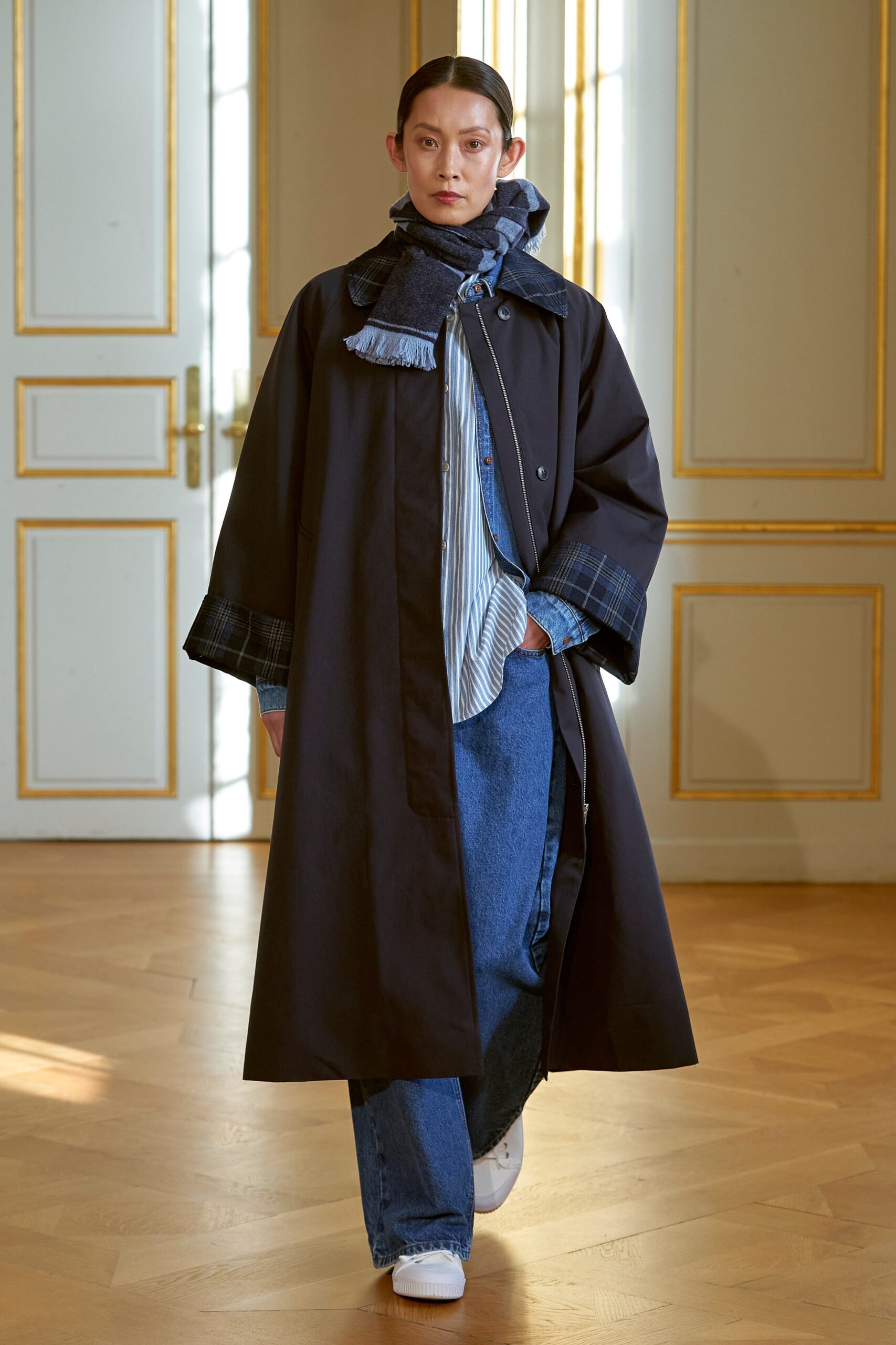 black coat with blue shirt