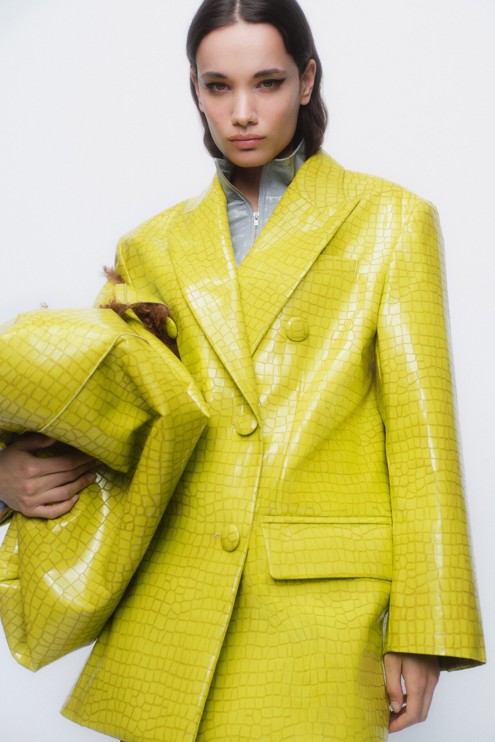 oversized yellow vinyl blazer