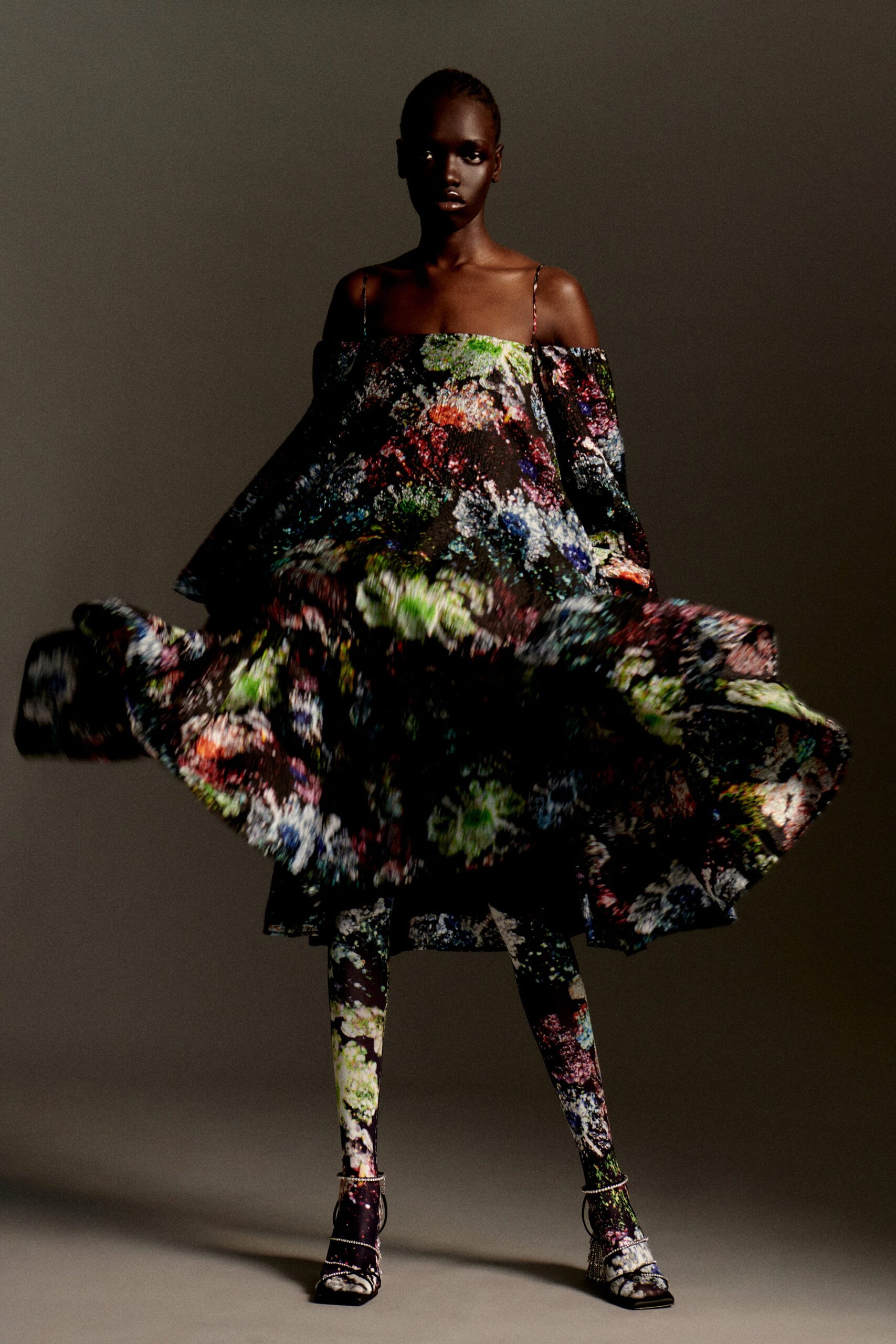 multi-colored off-shoulder dress with leggings