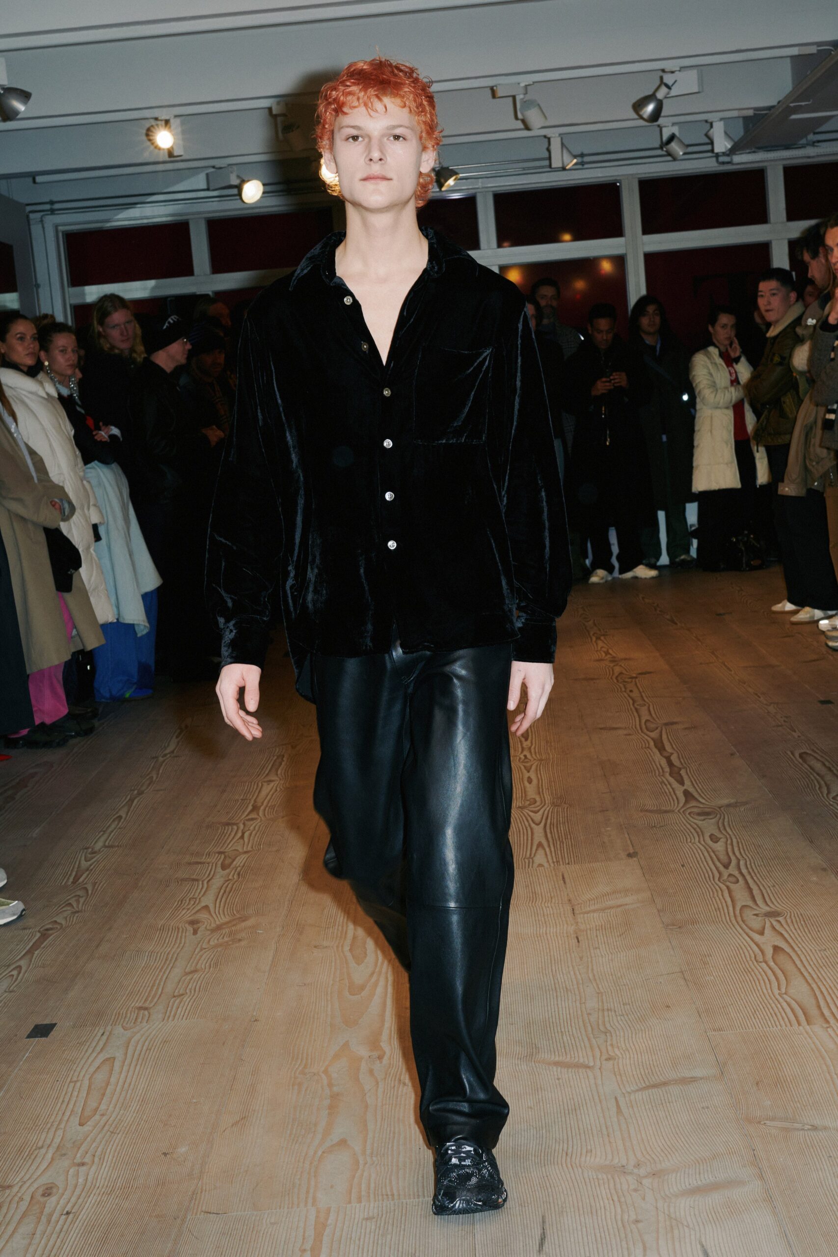 black velvet shirt and leather pants