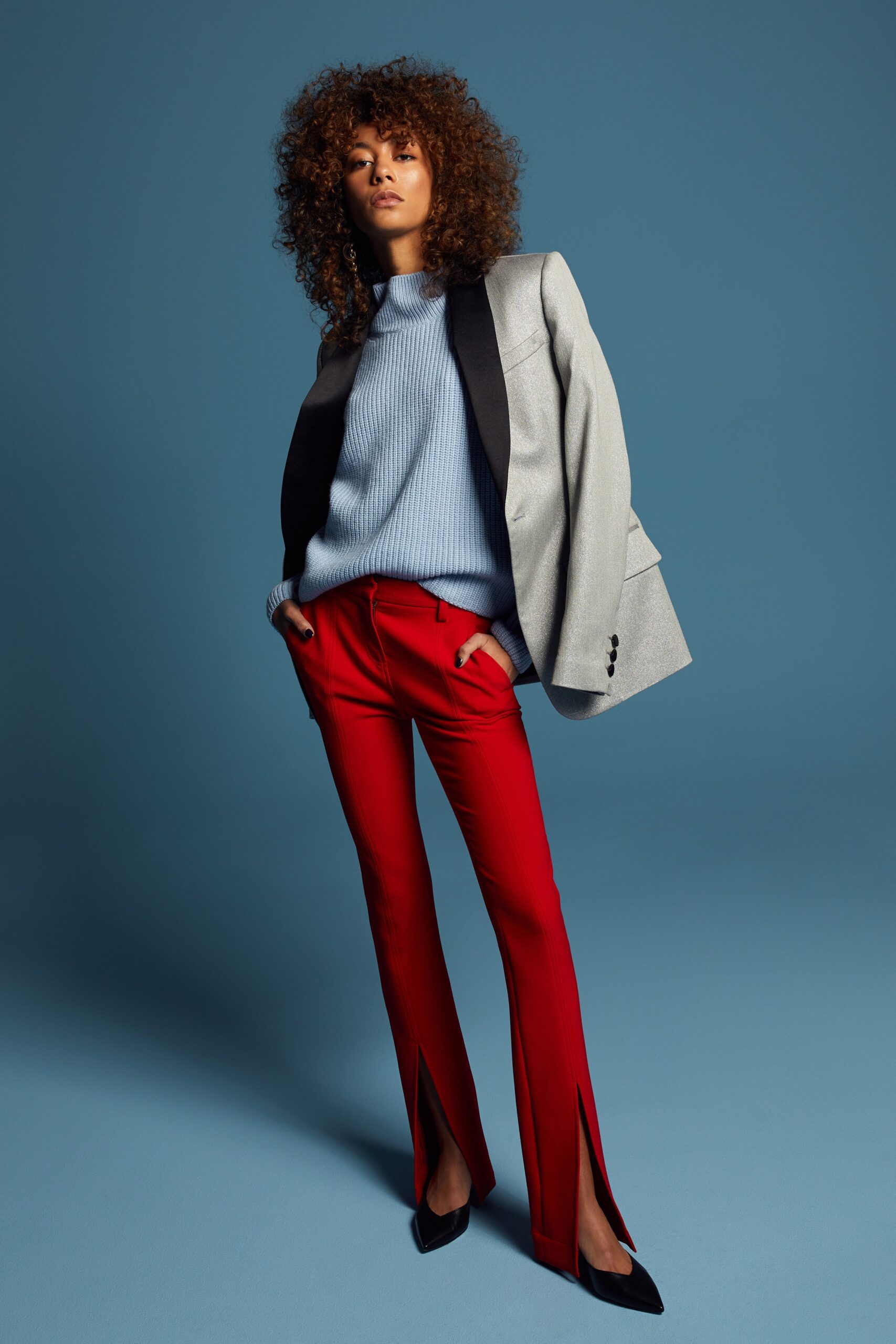 red cotton slit fitted pants