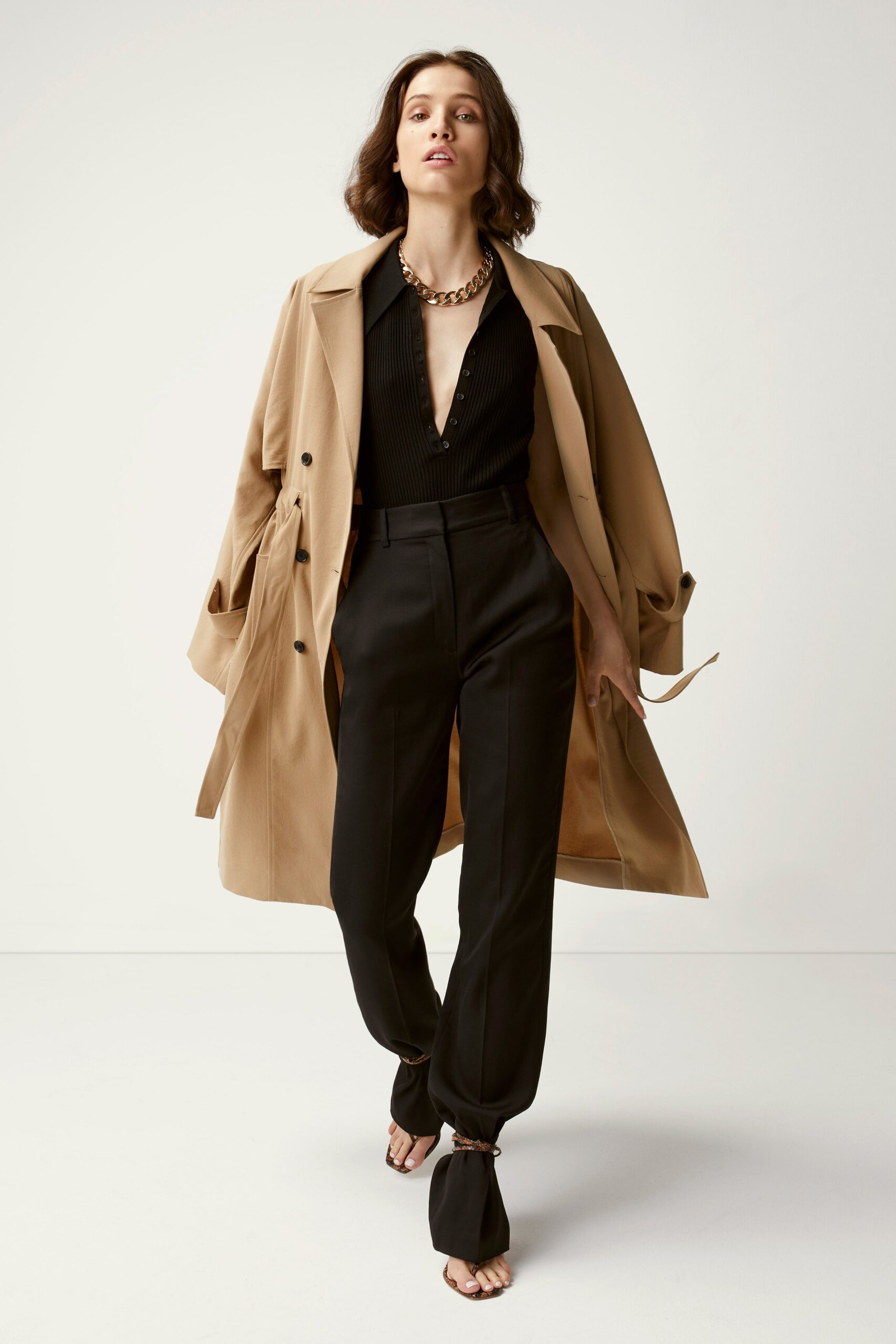 beige cotton long-sleeve collared relaxed buttoned trench