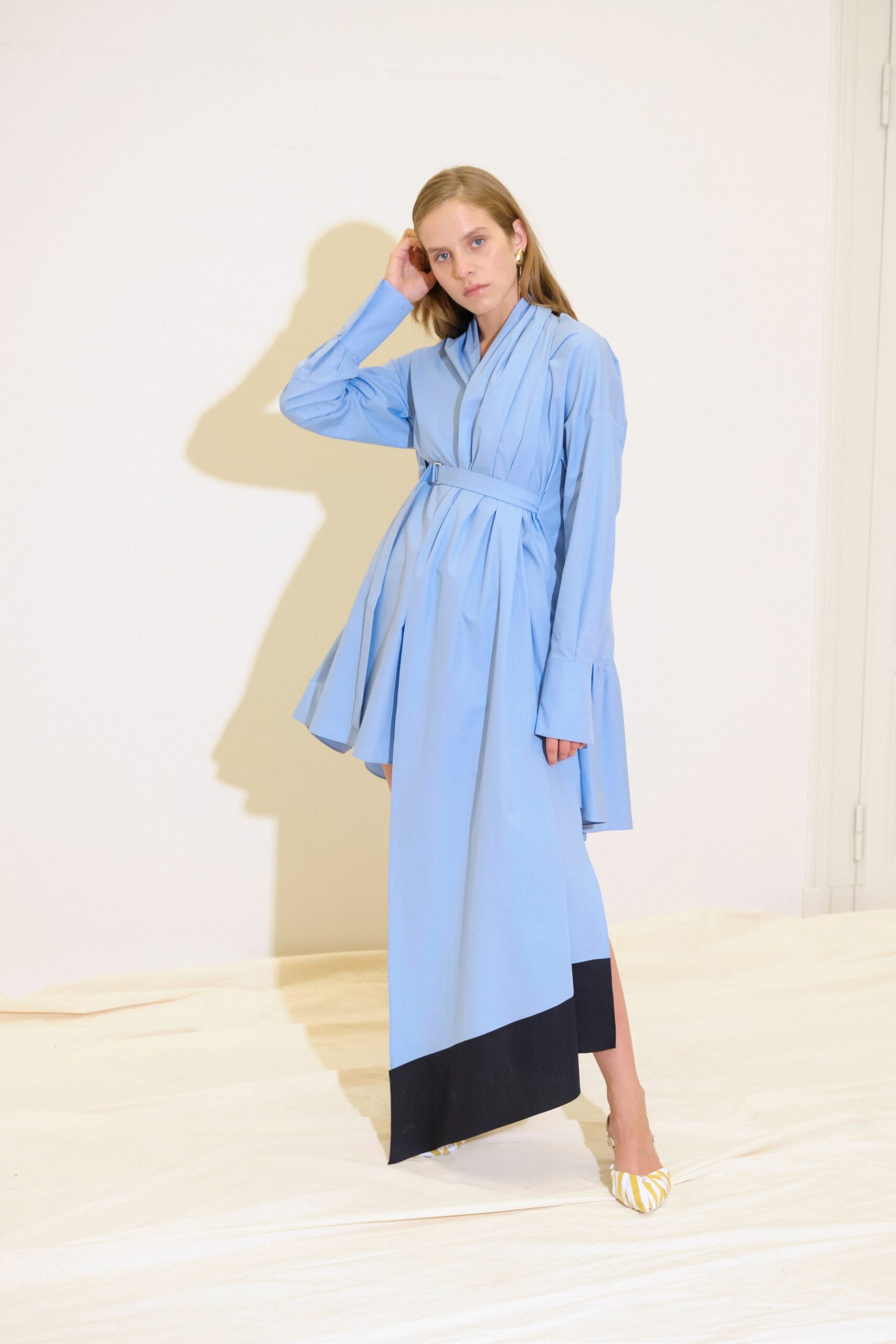 blue belted asymmetric dress