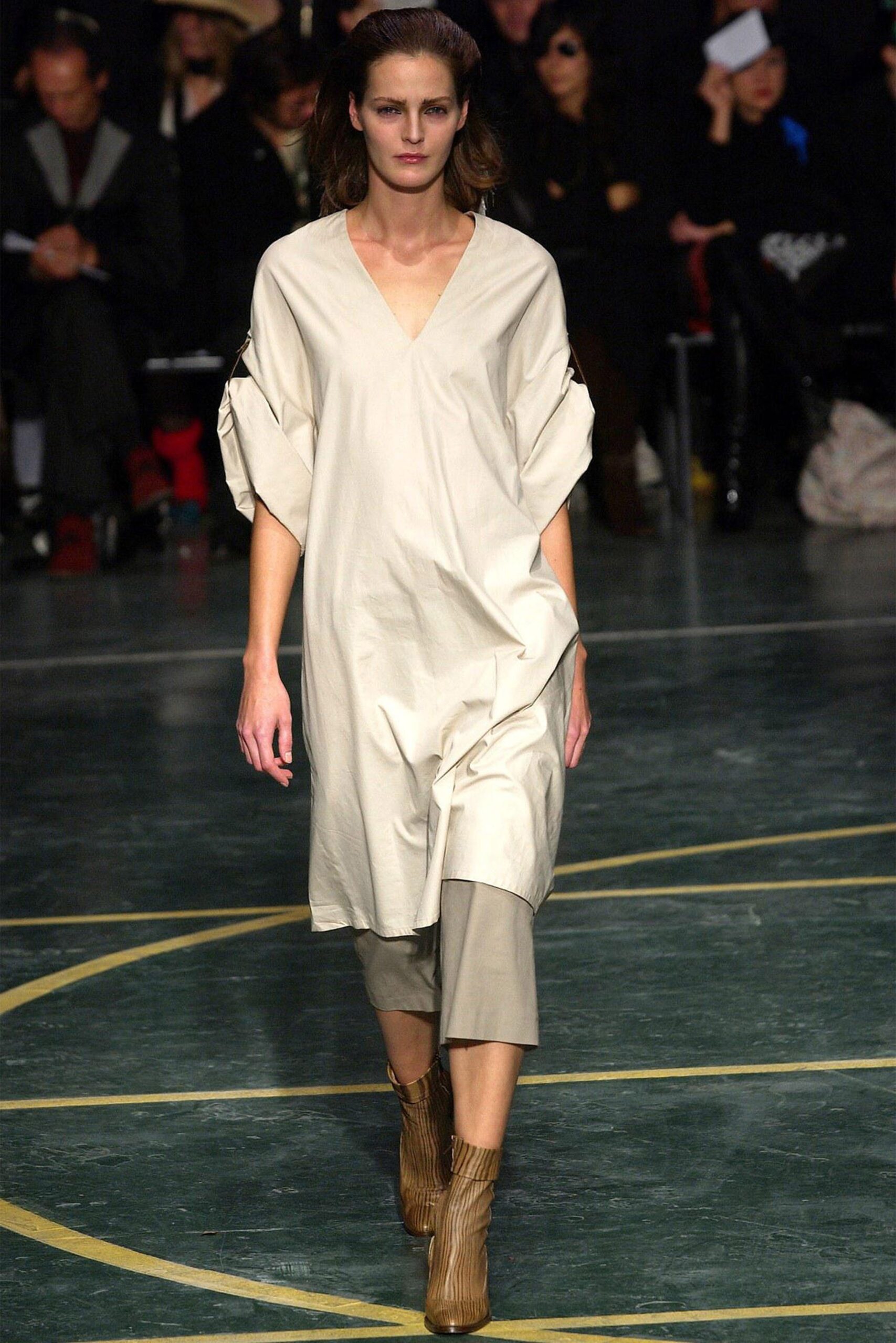 white relaxed midi dress with beige pants