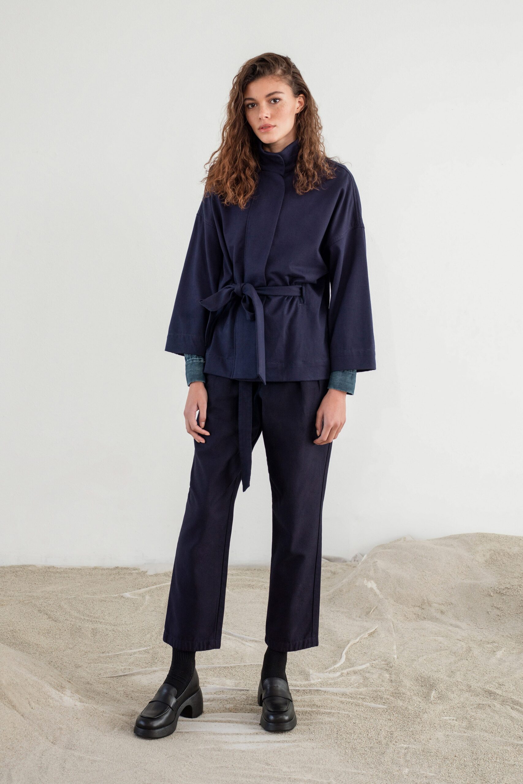 blue cotton relaxed jacket and tailored pants
