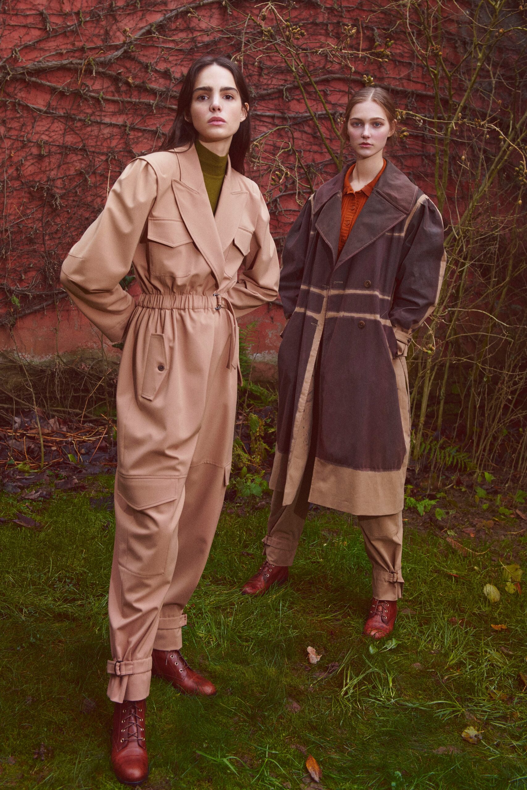 beige relaxed jumpsuit and brown coat