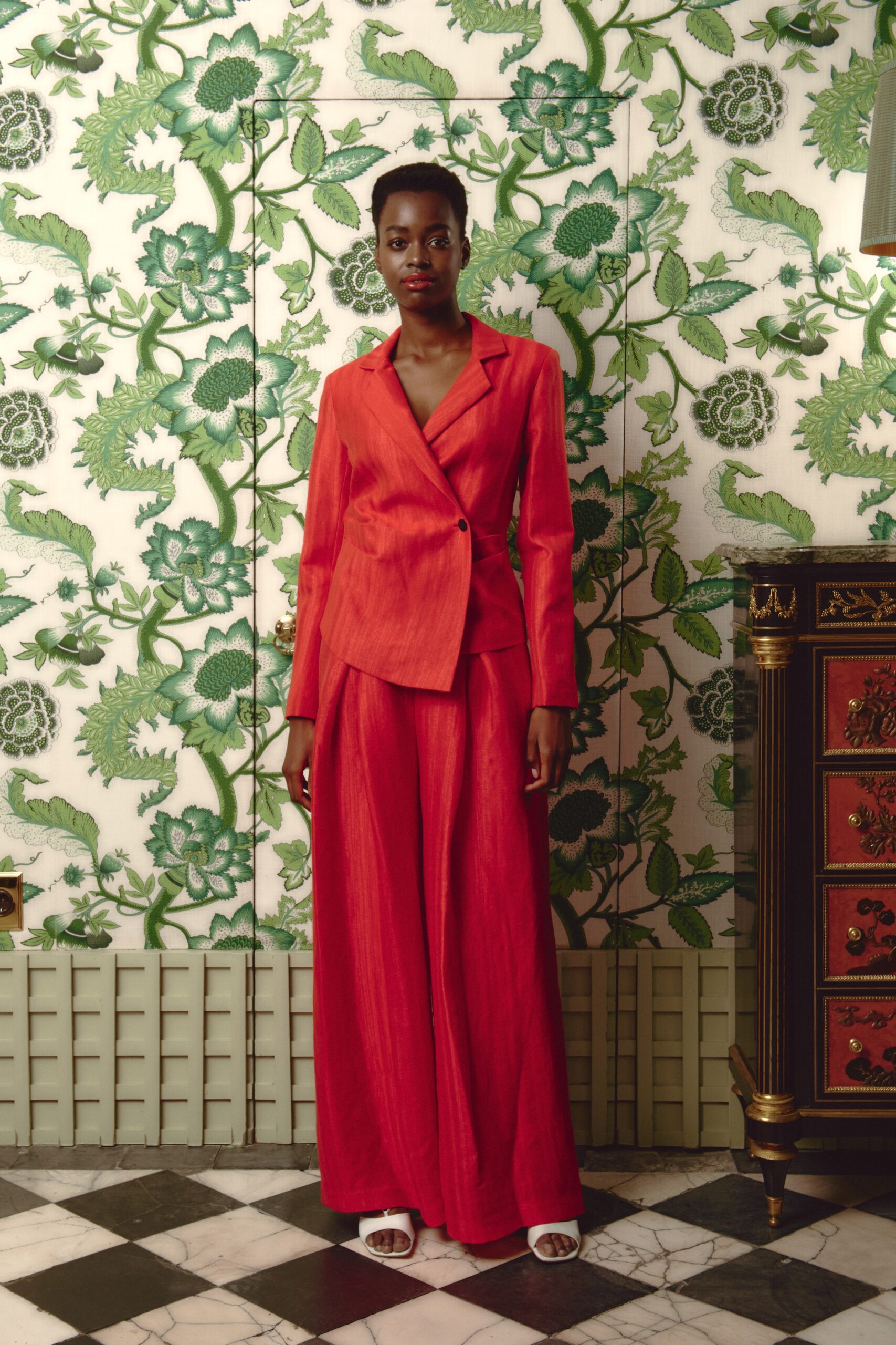 red silk tailored suit