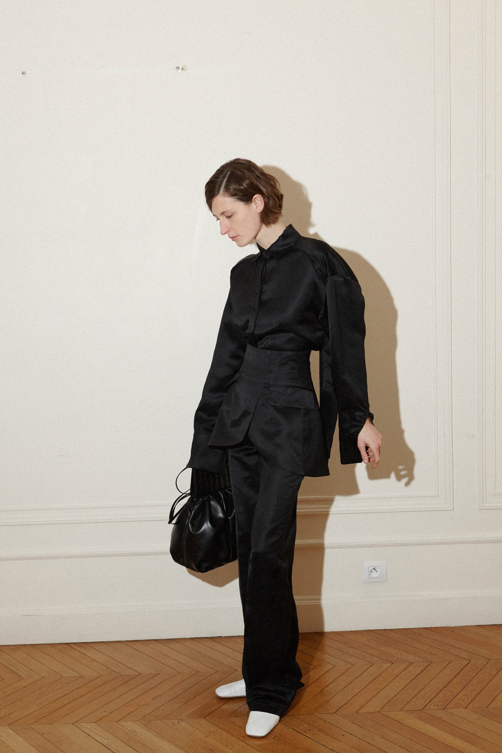 black silk blouse and pants