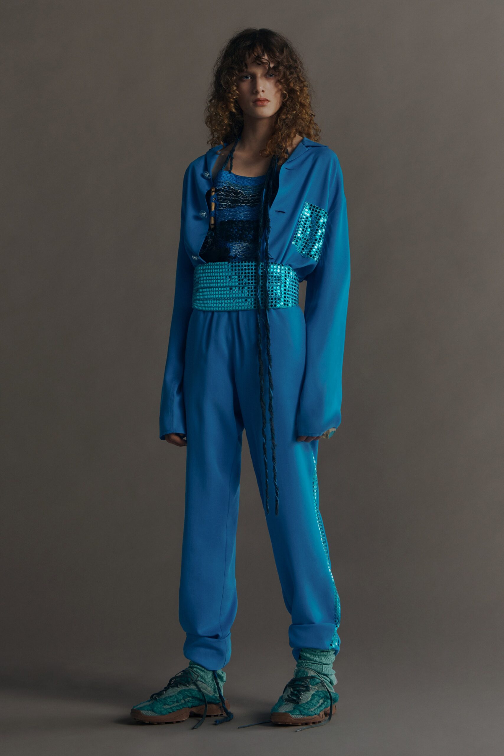 blue silk relaxed jacket and pants