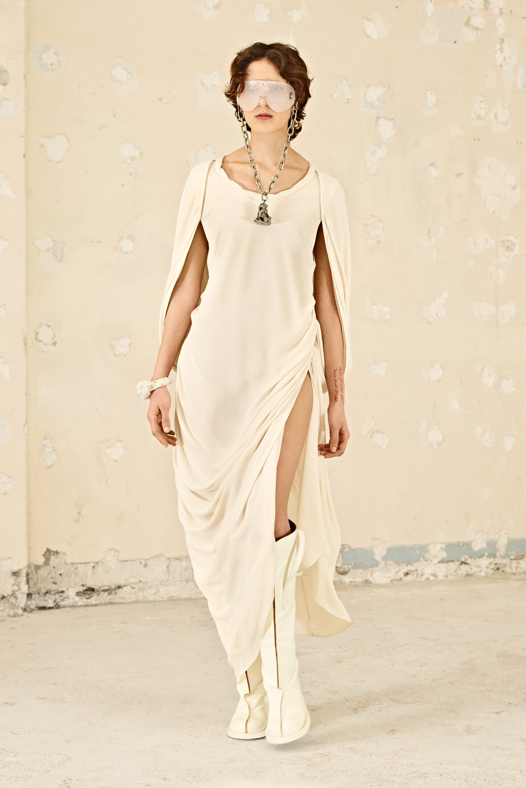 white silk draped maxi dress