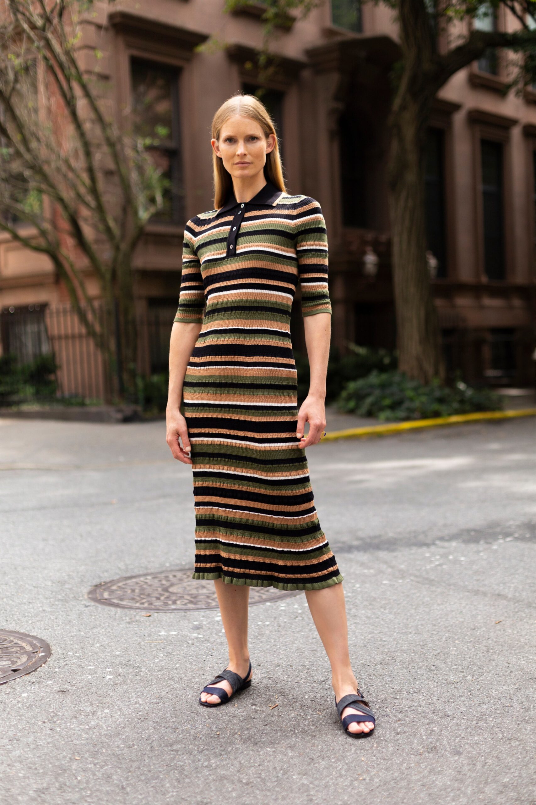 fitted striped midi dress