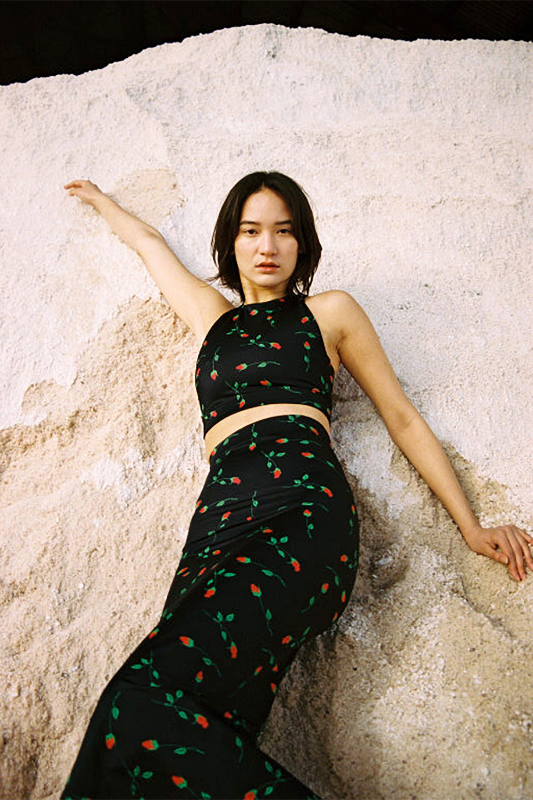 black floral crop-top and midi skirt