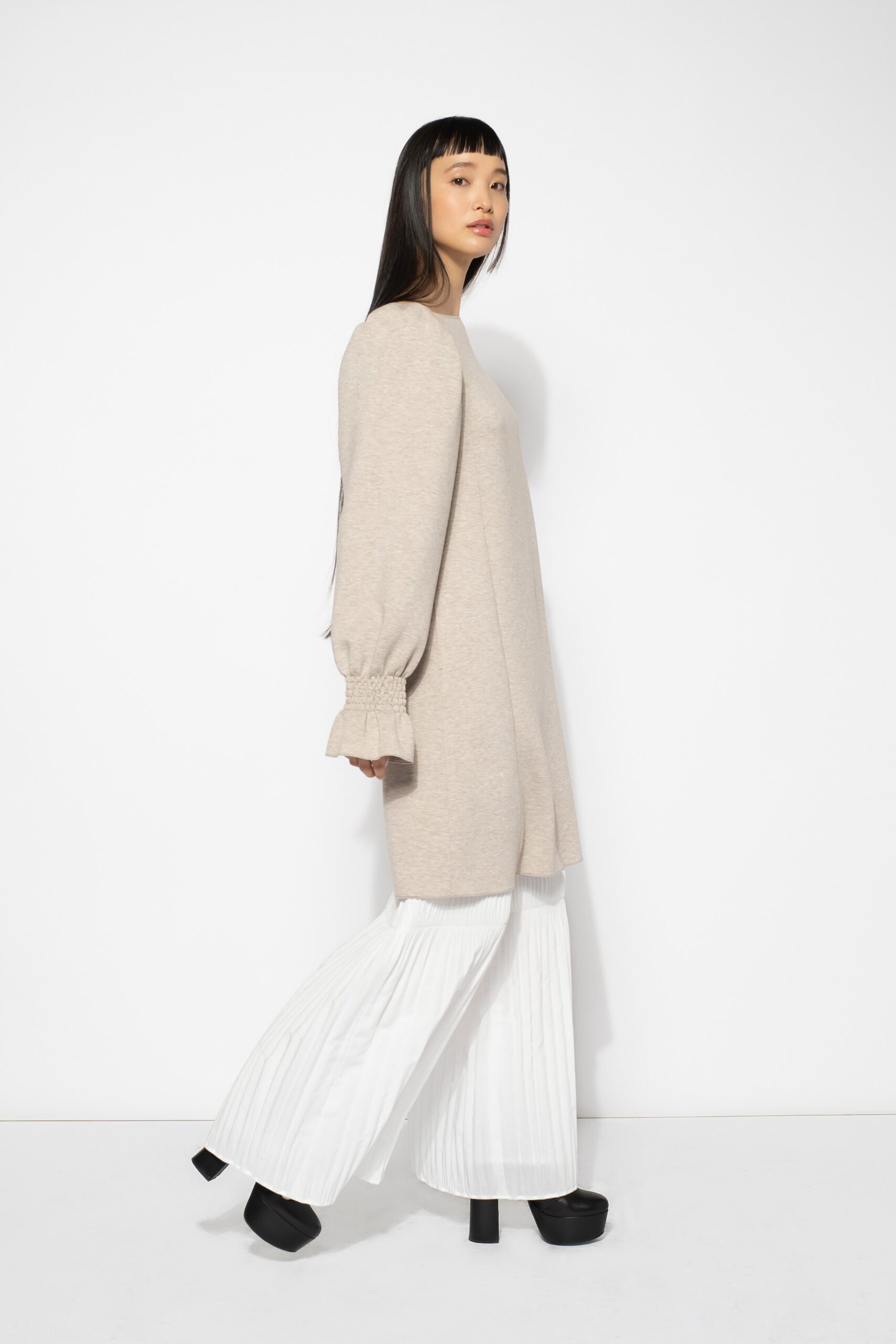 beige wool long-sleeve relaxed pleated top