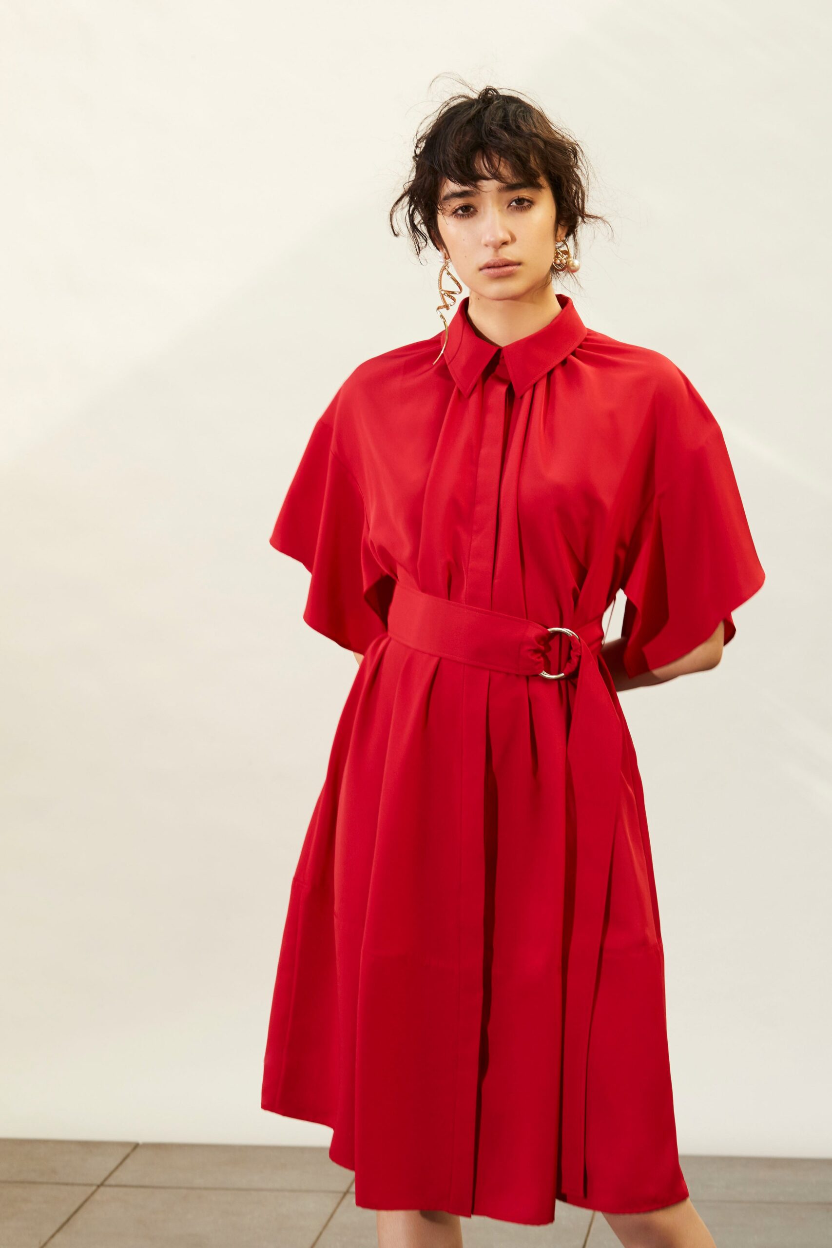 red cotton belted midi dress