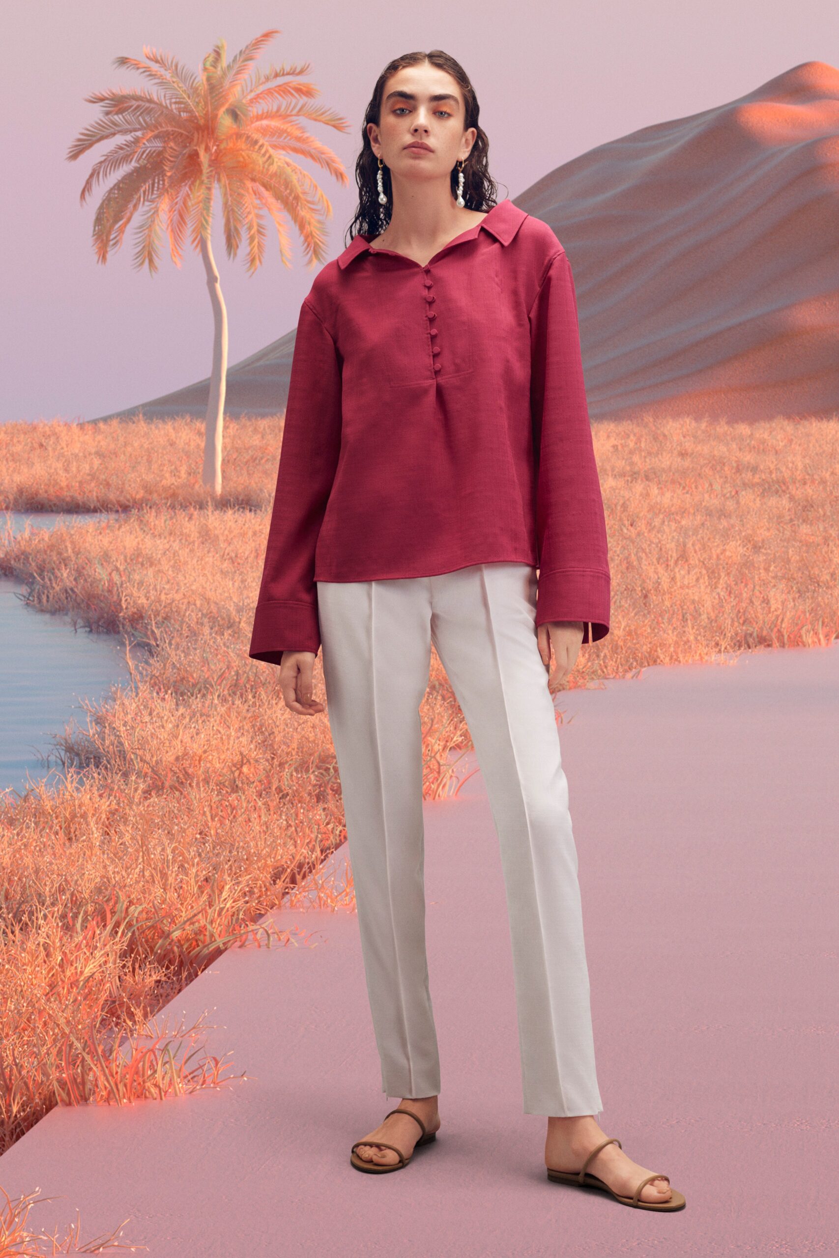 red cotton shirt with white pants
