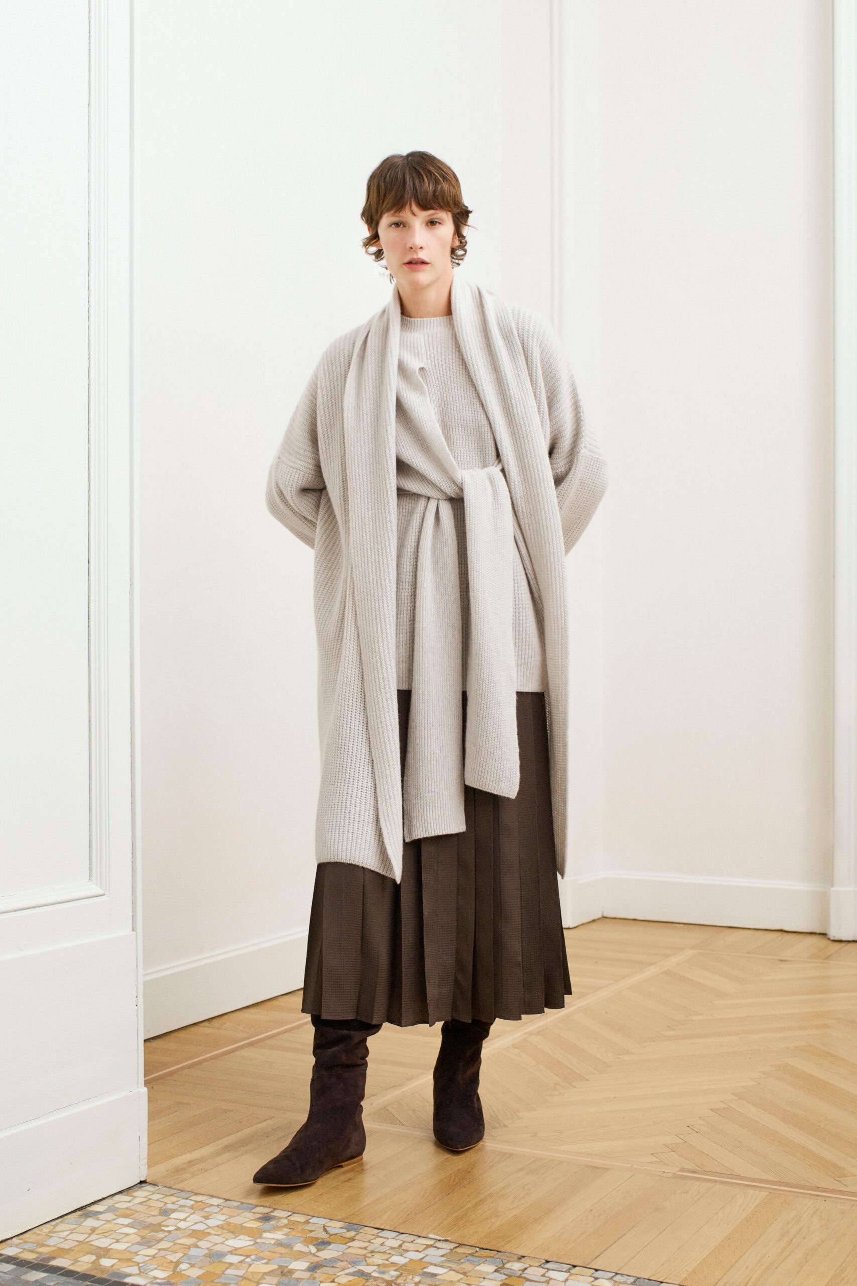 gray wool cardigan and brown pleated skirt