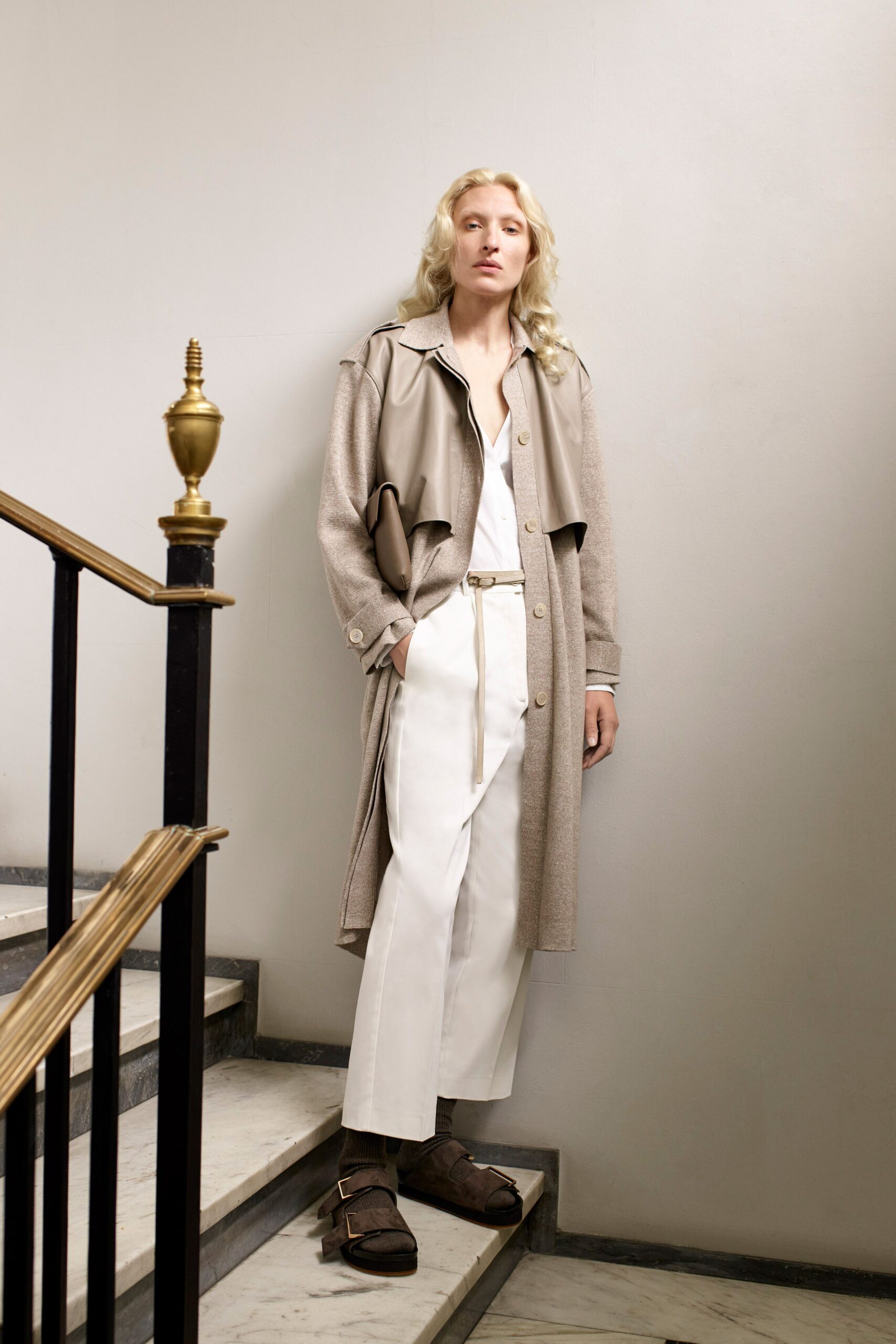 beige wool long-sleeve collared relaxed buttoned maxi coat