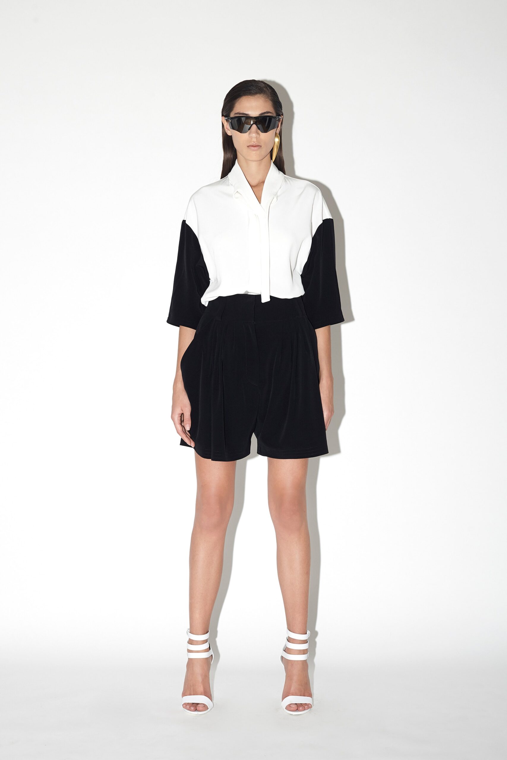 color-blocked top with velvet shorts