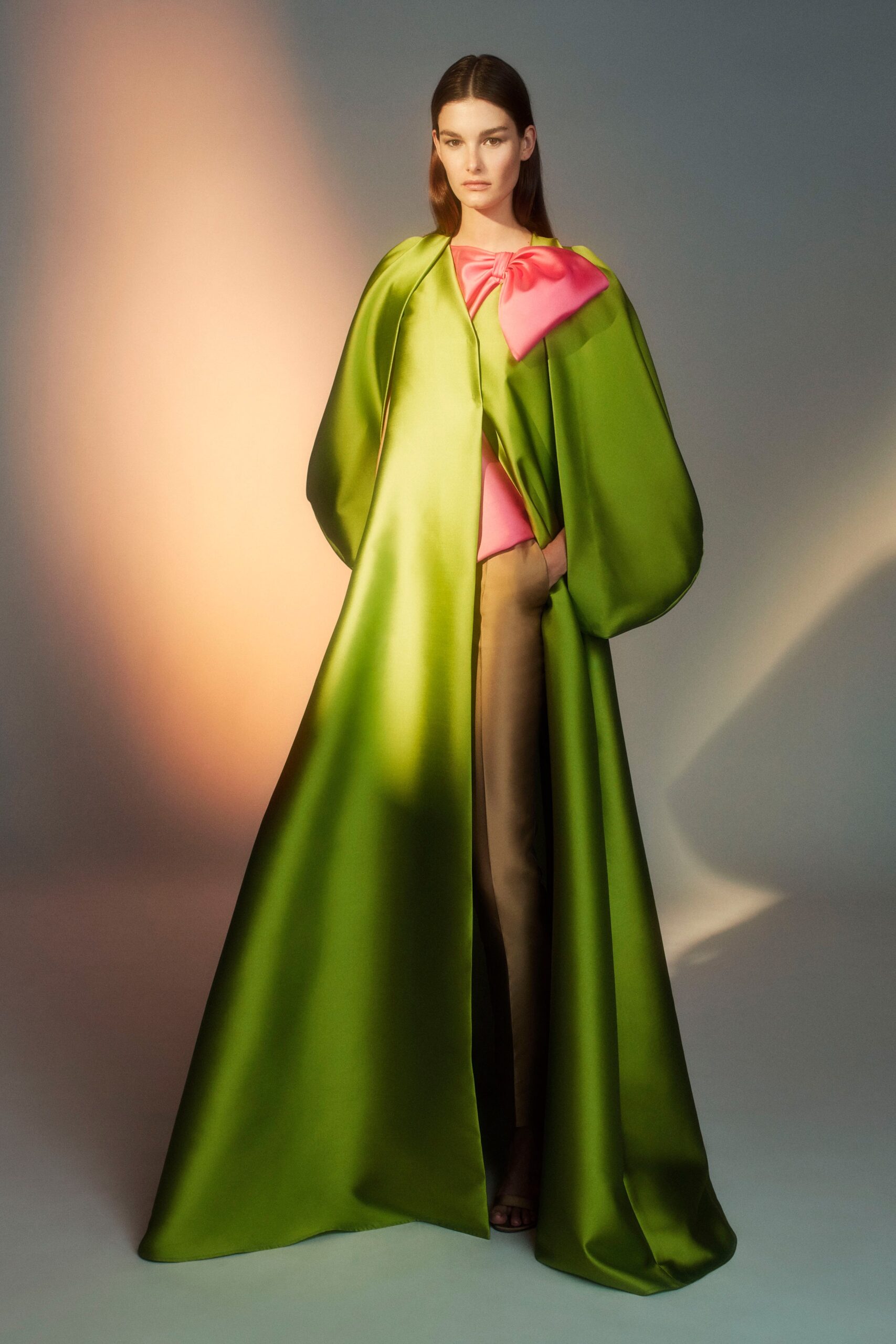 green silk cape with pink top