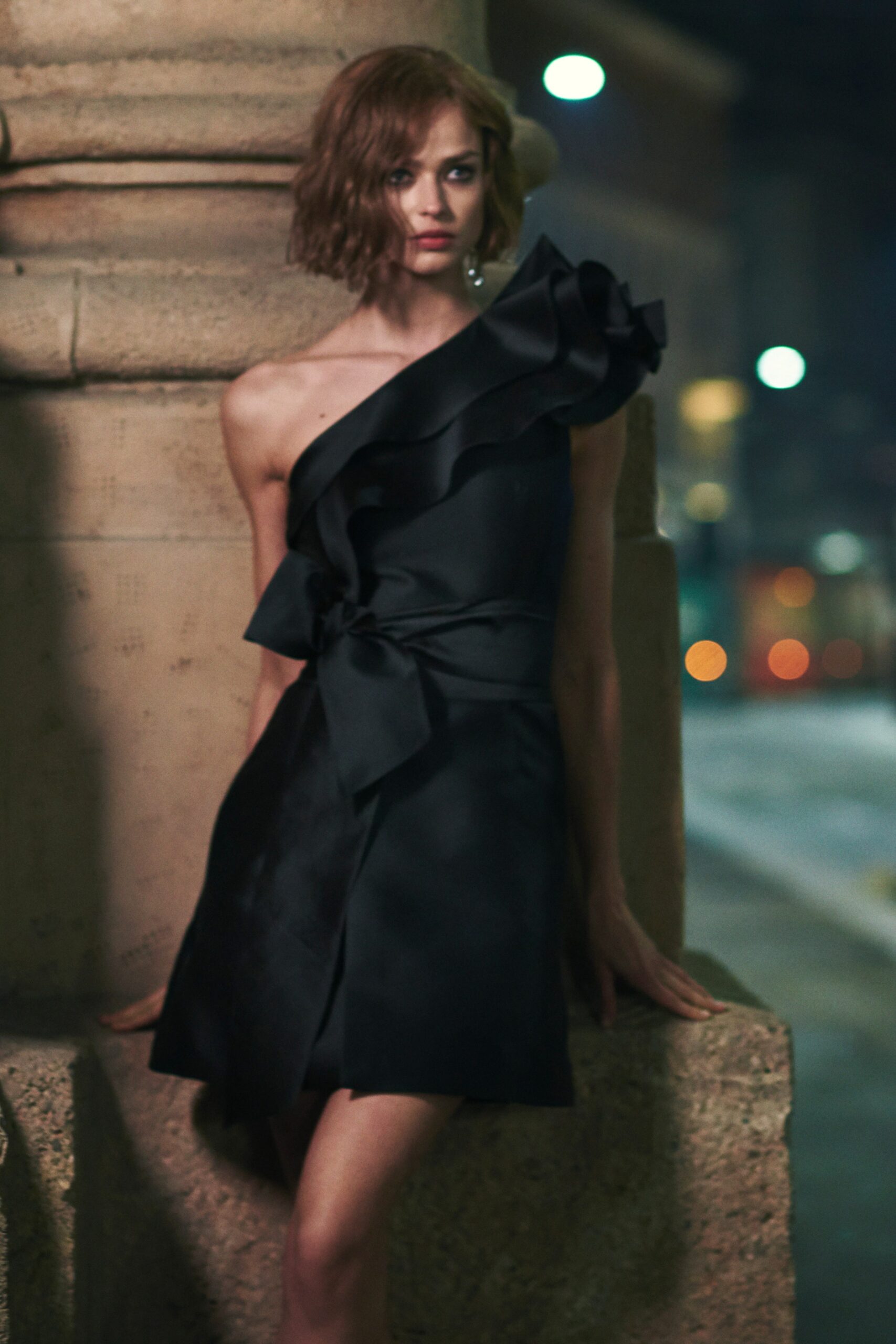 black silk one-shoulder dress
