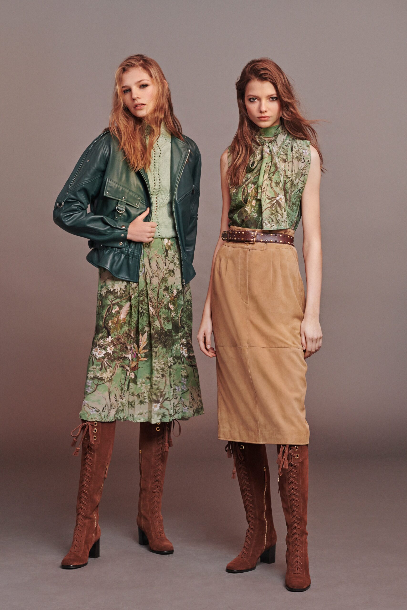 green leather jacket and beige skirt