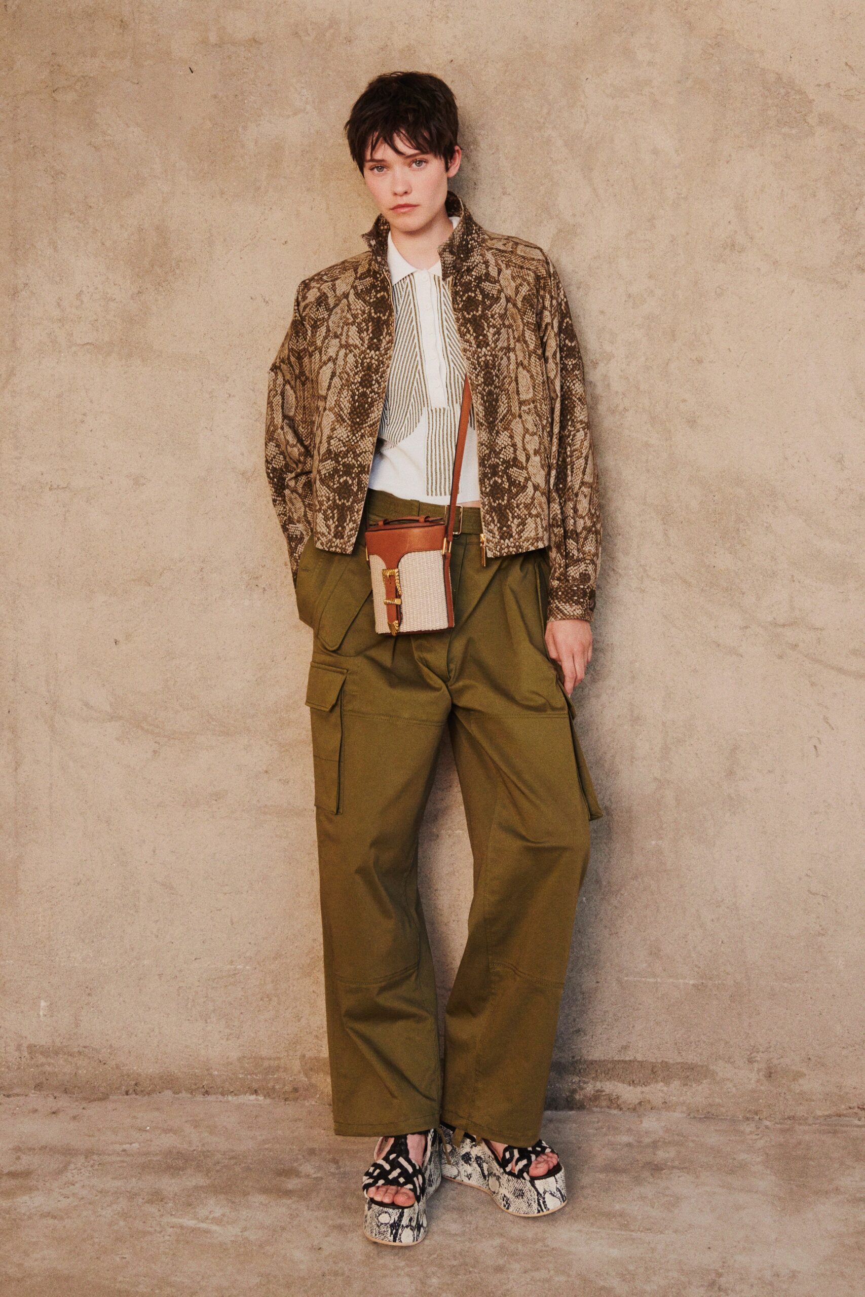 brown leather long-sleeve collared fitted printed jacket