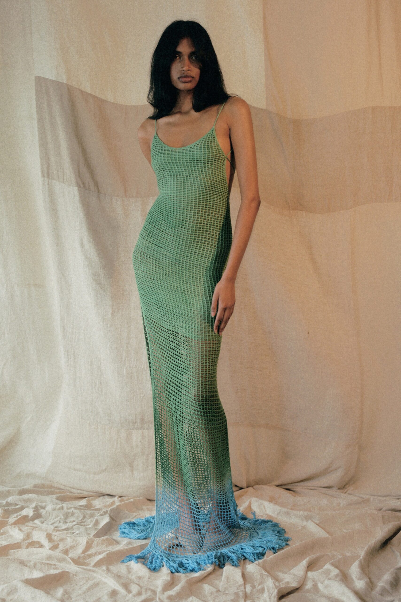 green and blue sheer maxi dress