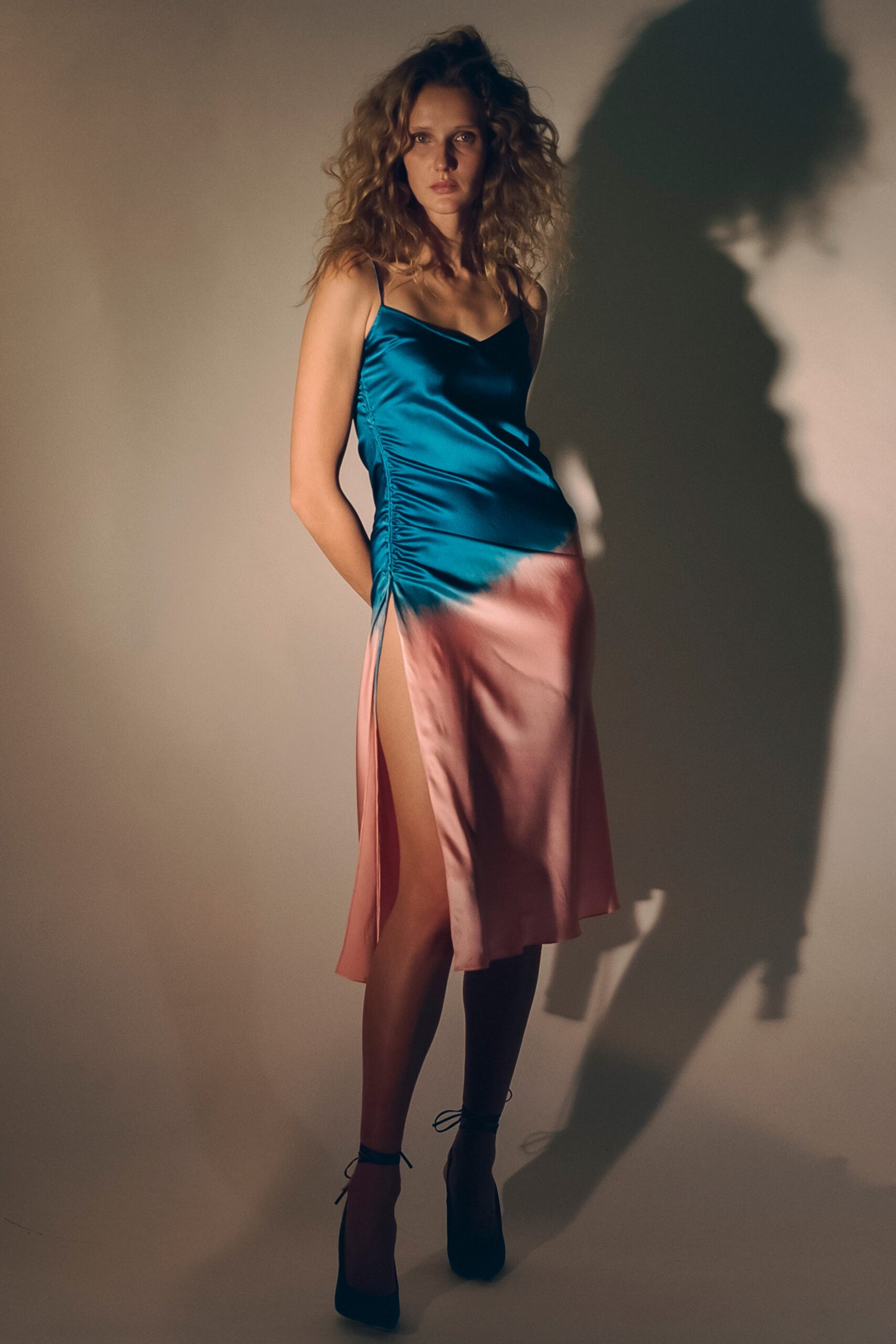 blue and pink silk midi dress