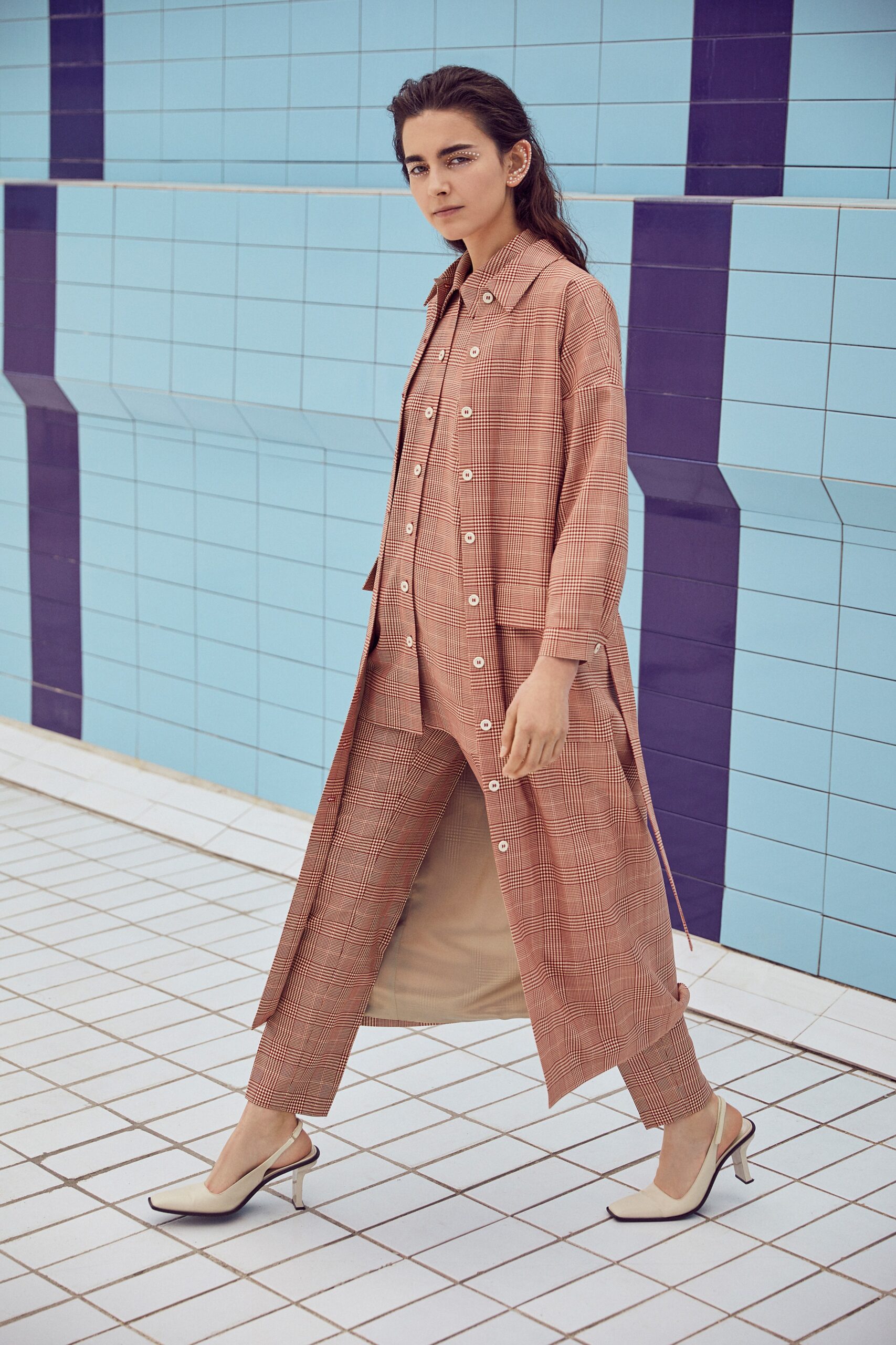 brown checked coat and pants