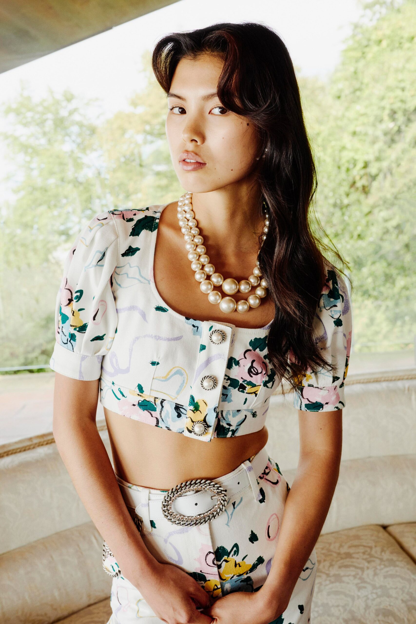 floral fitted top and flared pants