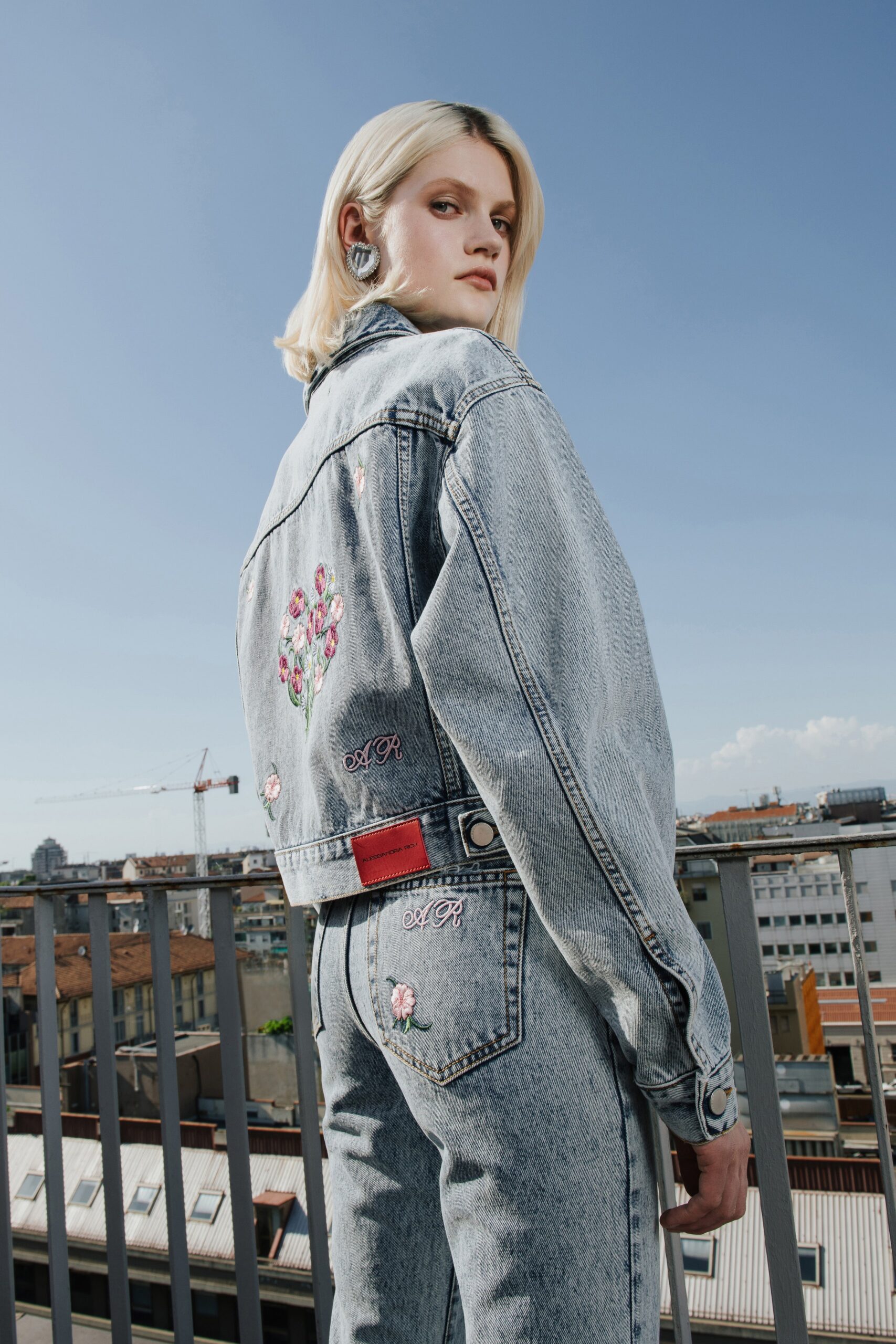 blue denim long-sleeve collared relaxed embroidered jacket